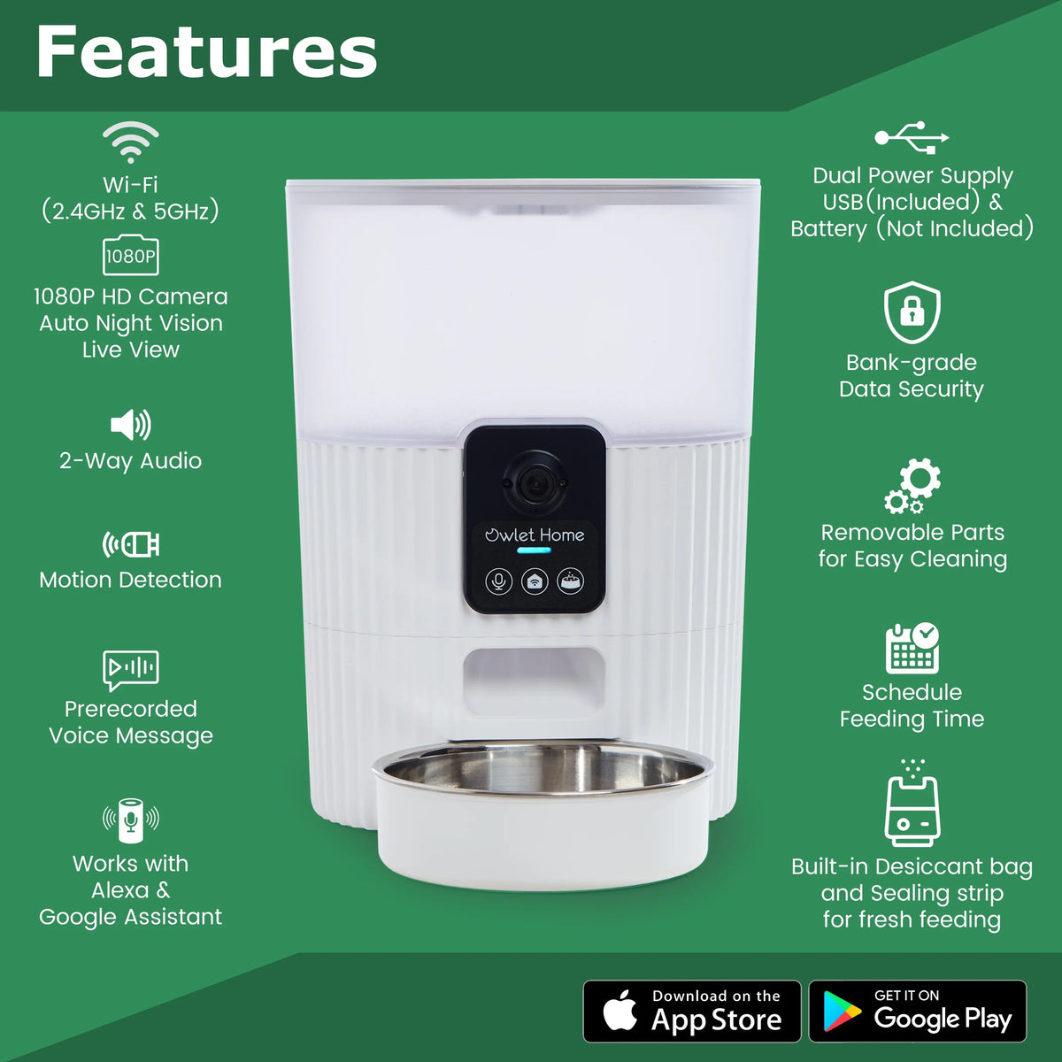 Owlet Home Smart Automatic Pet Feeder with 1080P HD Camera for Cats & Dogs (3.5L), WiFi, Live Video, Auto Night Vision, 2-Way Audio, Works with Alexa & Google Assistant, Motion Alert, No Monthly Fee