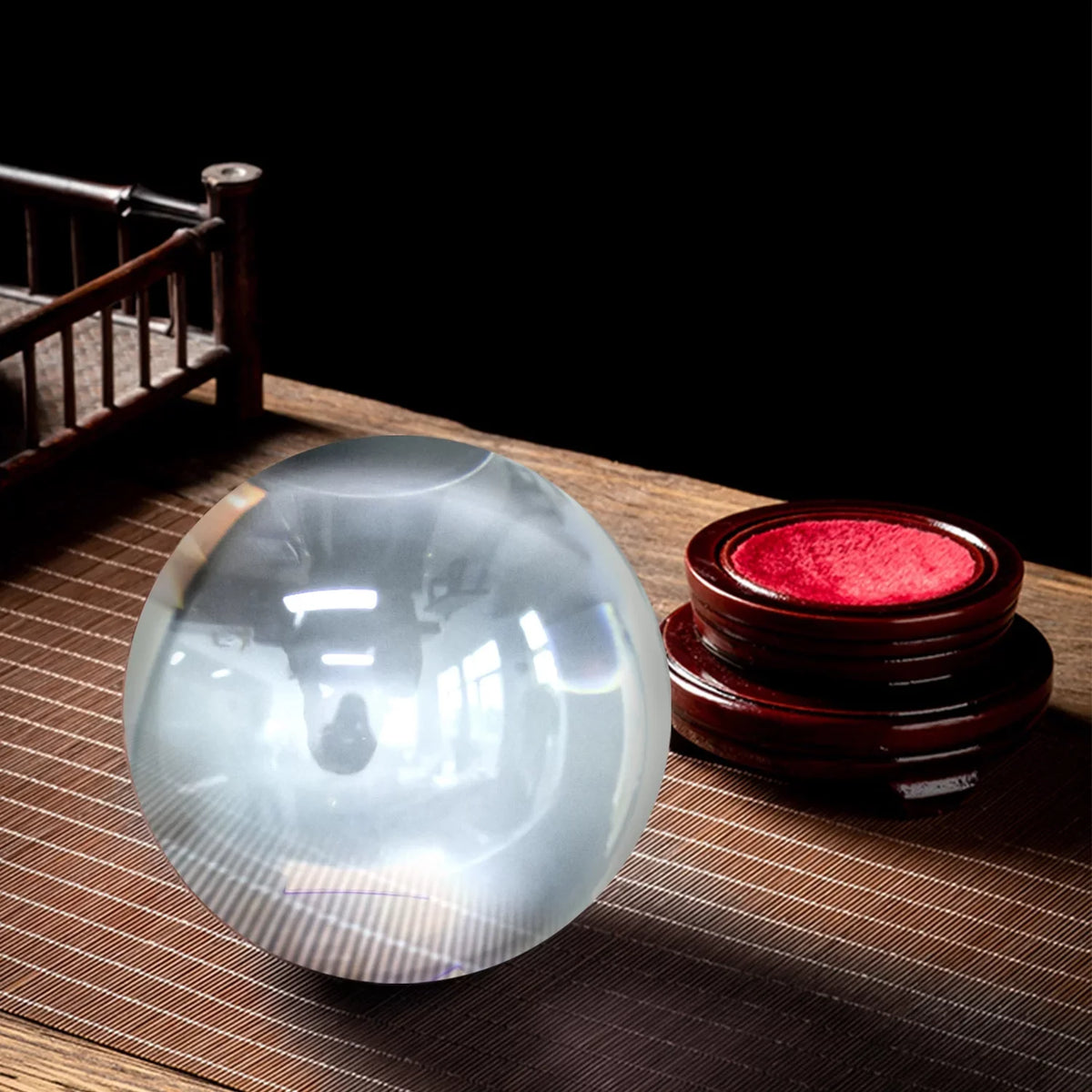 bimiti 5.9" Clear Crystal Glass Ball, 150mm Large Glass Marbles Sphere Magic Witch Ball with Wood Stand for Gift