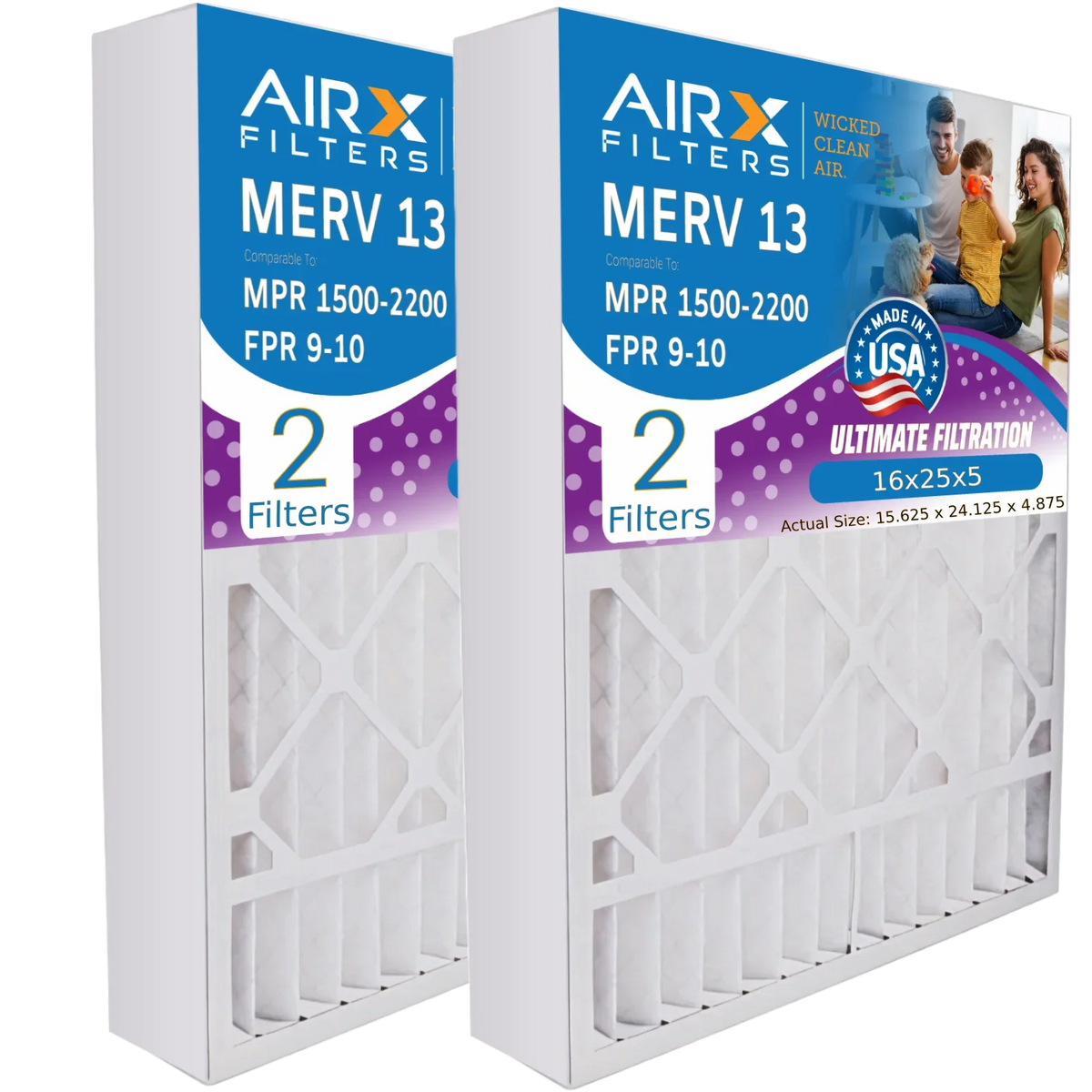 16x25x5 Air Filter MERV 13 Comparable to MPR 1500 - 2200 & FPR 9 suitable with Air Bear 255649-105 Premium USA Made 16x25x5 Furnace Filter 2 Pack by AIRX FILTERS WICKED CLEAN AIR.