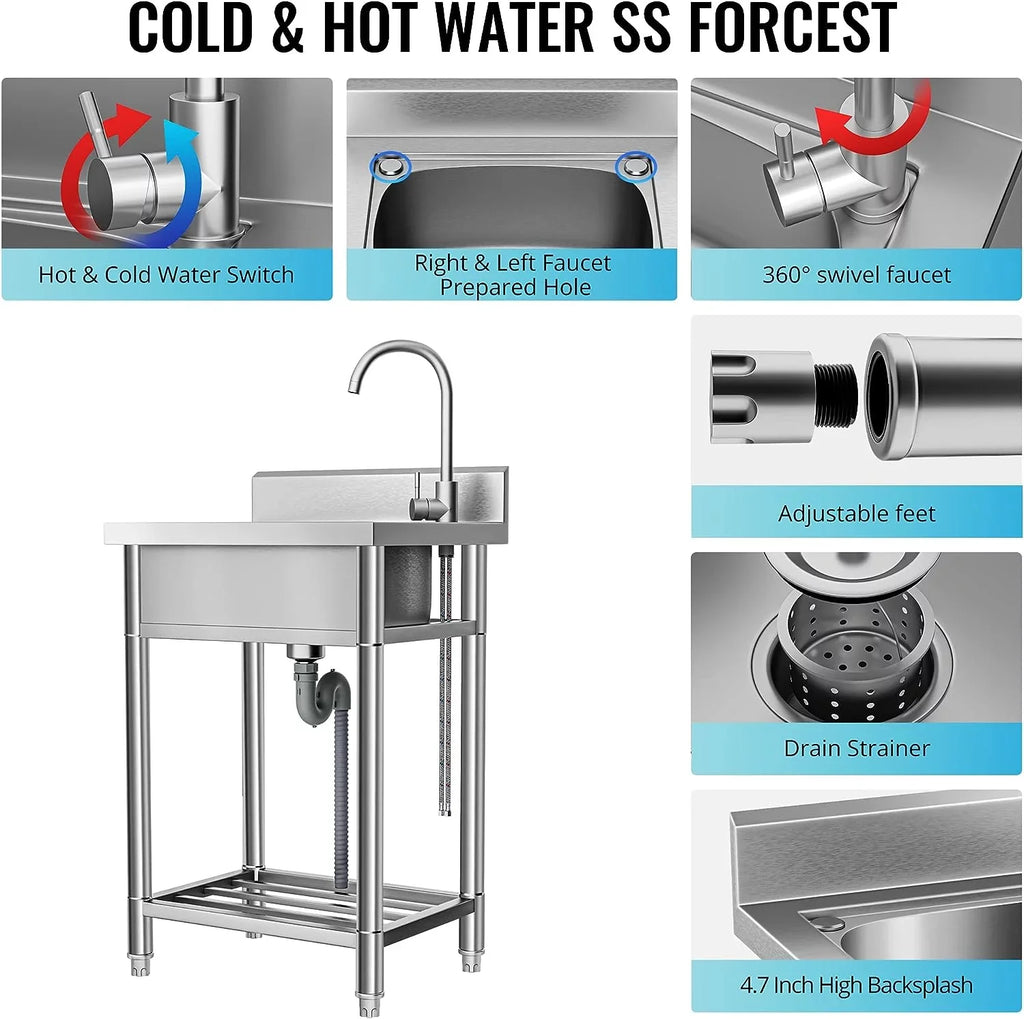 Utility Sink Stainless Steel Free Standing Single Bowl with Cold and Hot moisture Pipe - Ideal for Laundry Room, Bathroom, and Farmhouse