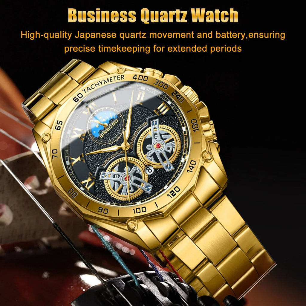Luxury Gold Waterproof Men's Watch Stainless Steel Quartz Analog Business Gift