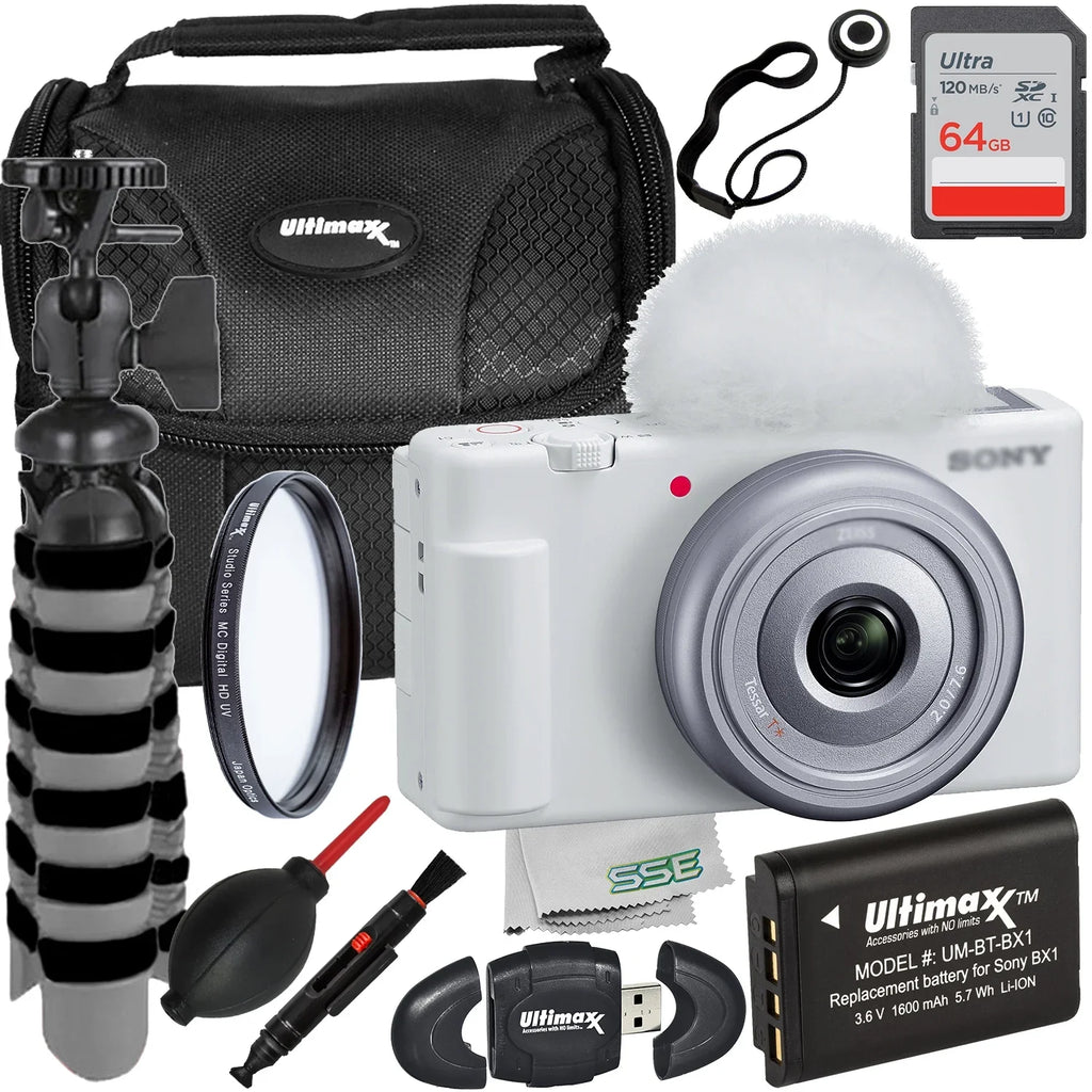Ultimaxx Starter  ZV-1F Camera Bundle (White) - Includes: 64GB Ultra Memory Card, Replacement Battery, Protective UV Filter & More (15pc Bundle)