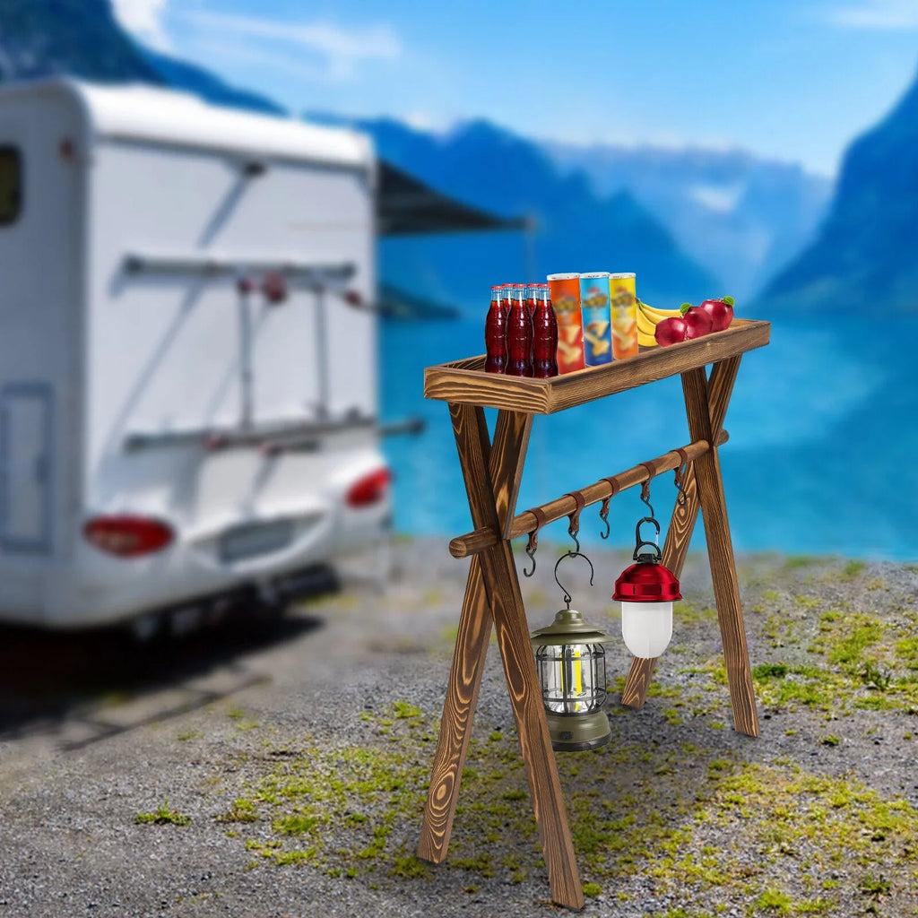 Miumaeov Wooden Portable Picnic Rack Outdoor Grill Rack Storage Table Shelf for Picnic, Camping, BBQ