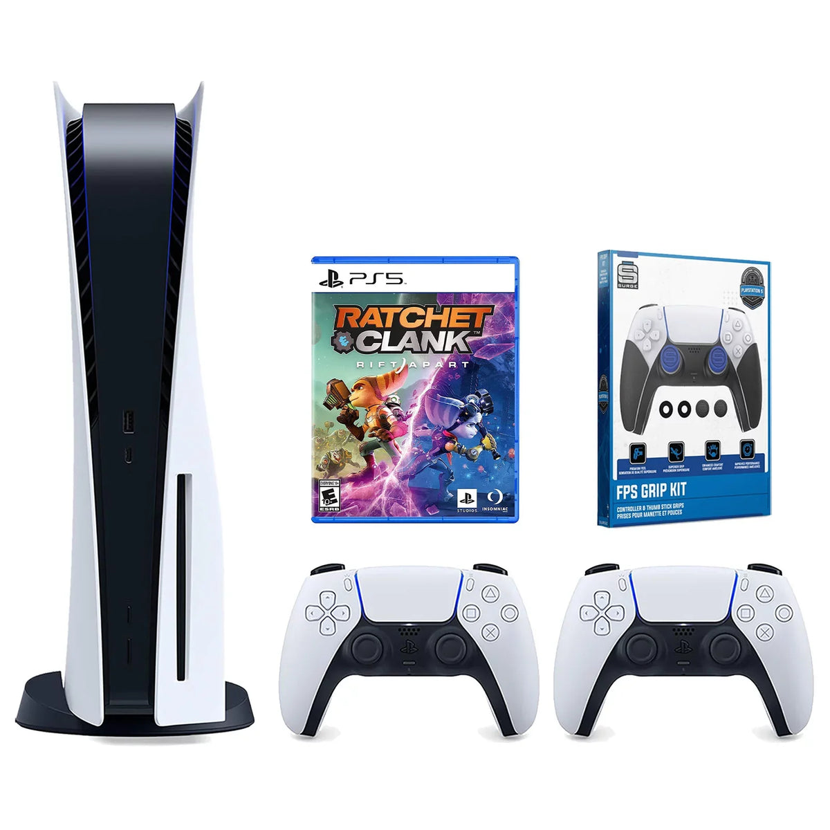 Playstation 5 Disc Version Console with Extra White Controller, Surge FPS Grip Kit With Precision Aiming Rings and Ratchet & Clark: Rift Apart Bundle