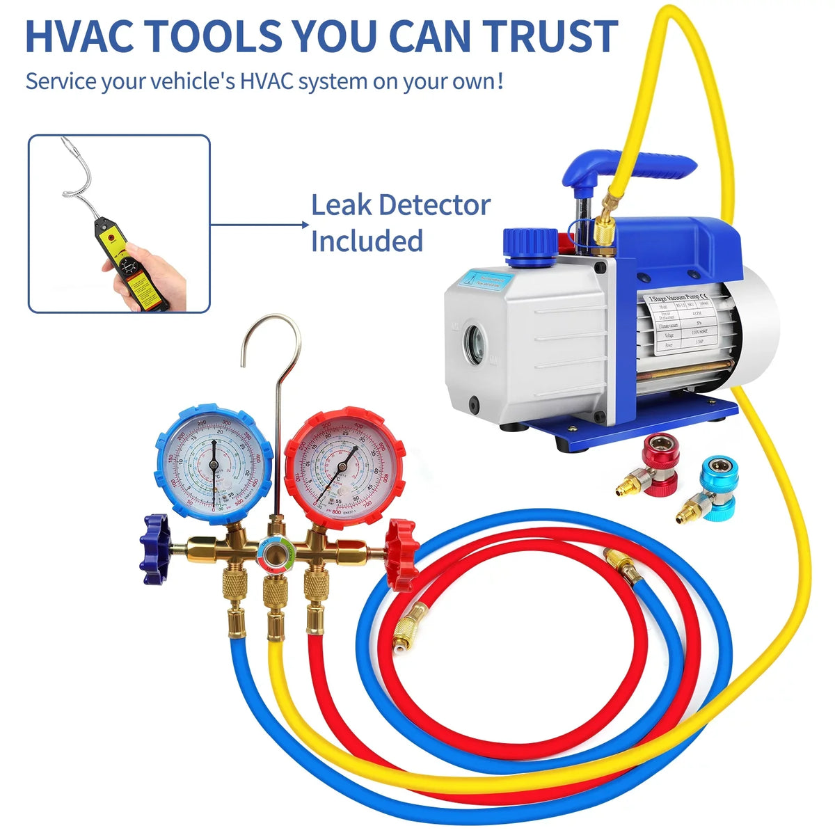 Complete Refrigerant Repair Tool Kit,1/3  4CFM HVAC Vacuum Pump,R134a AC Manifold Gauge Set With Hoses and Quick Couplers,Leak Detector For Air Conditioner