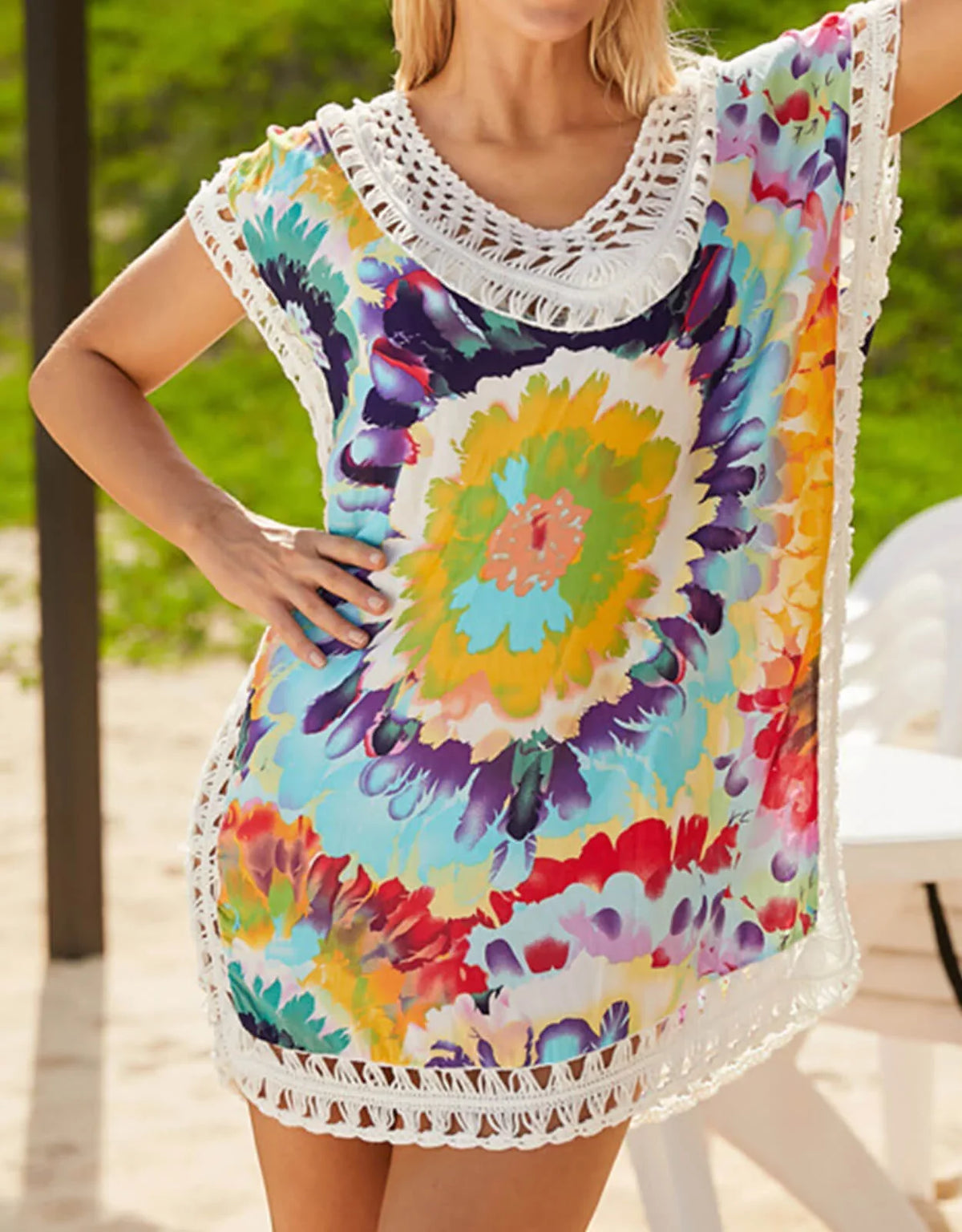 Beach Coverup Dress Floral Print Hollow Out Plus Size Swimwear Bikini Swimsuit protector ups Bathing Suit Coverups