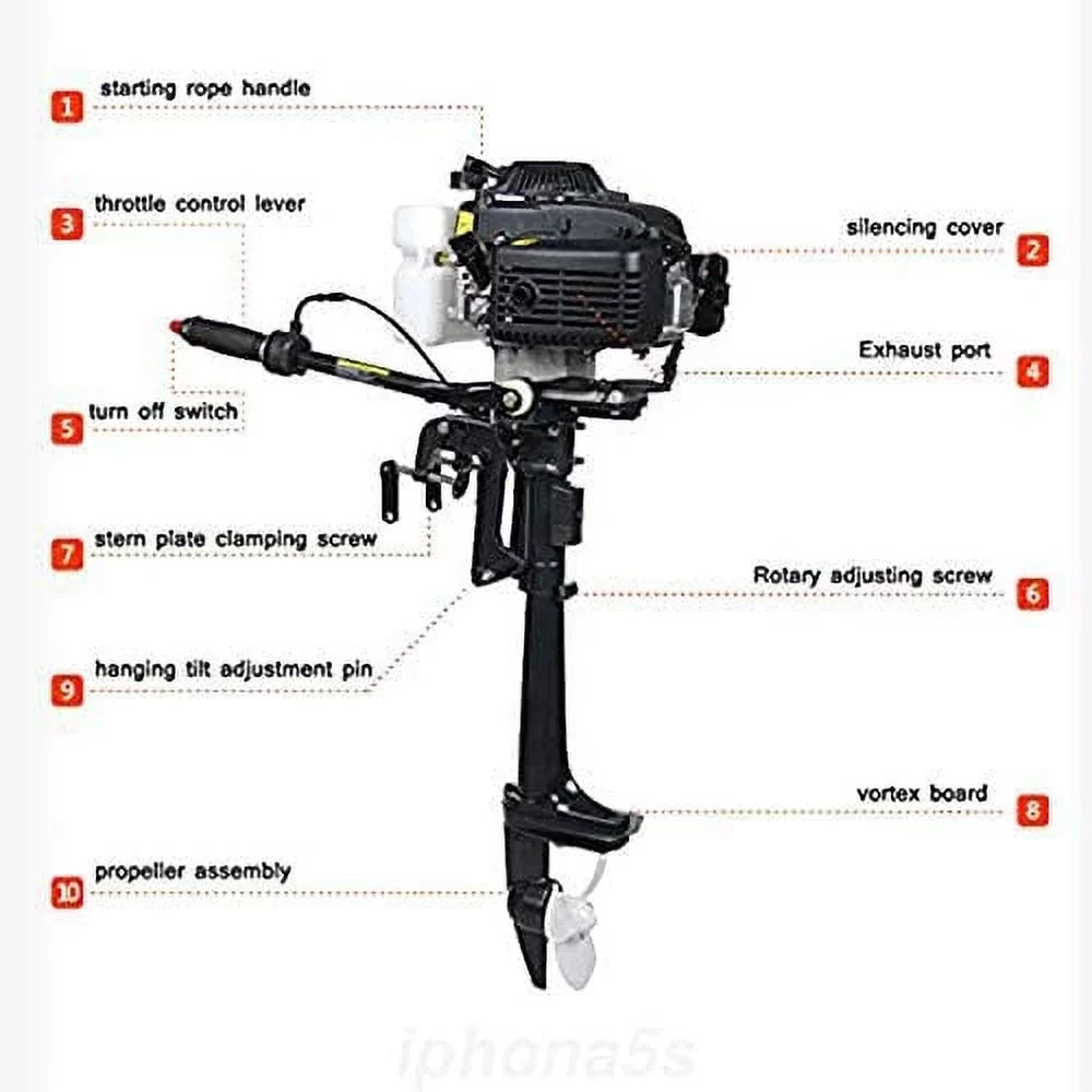 Miumaeov Outboard Trolling Motor 3.6HP 2 Stroke Inflatable Shaft Fishing ship Engine Propeller CDI Control Air Cooling System Heavy Duty Tiller Shaft