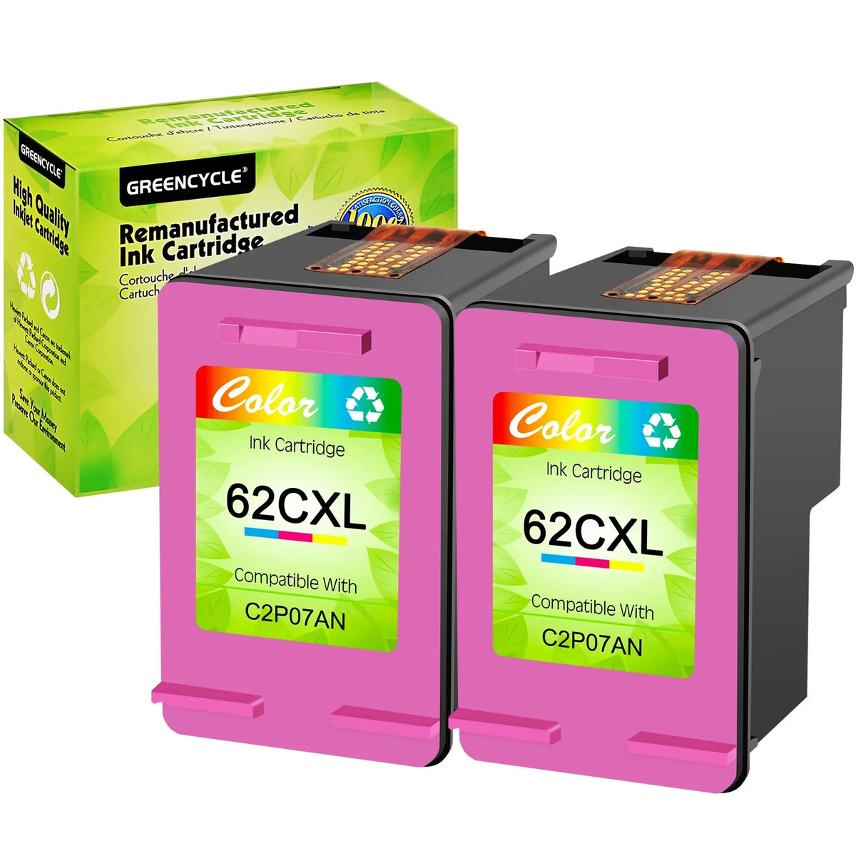 GREENCYCLE 62XL Ink Cartridges Replacement for  High Yield 62 XL matching with Envy 5540 5640 5660 7644 7645 OfficeJet 5740 8040 OfficeJet 200 250 (2 Tri-Color)