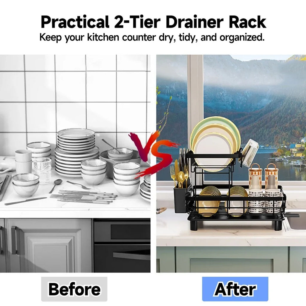 2 Tier Dish Rack and Dish Drainer for Kitchen Counter, Dish Drying Rack with Dish Drainer, Detachable Stainless Steel Dish Drainer Rack with Utensil Holder, Kitchen Dishes Storage and Organizers, Blac
