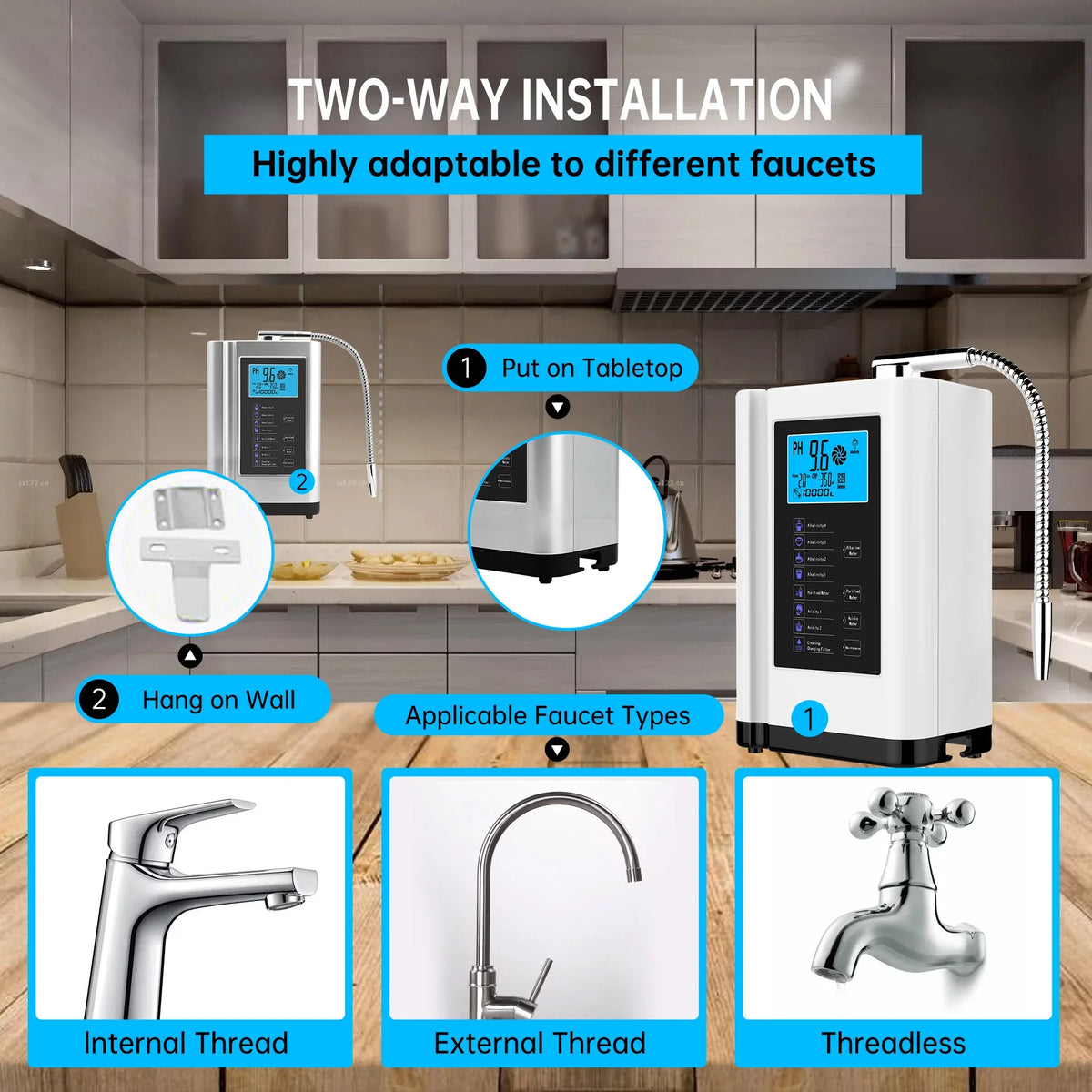 Alka aqua Ionizer, moisture Purifier Machine PH 3.5-10.5 Alkaline Acid liquid Machine, up to -500mV ORP, 8000 Liters per filter,7 liquid Settings, Auto-cleaning,Intelligent Voice White)