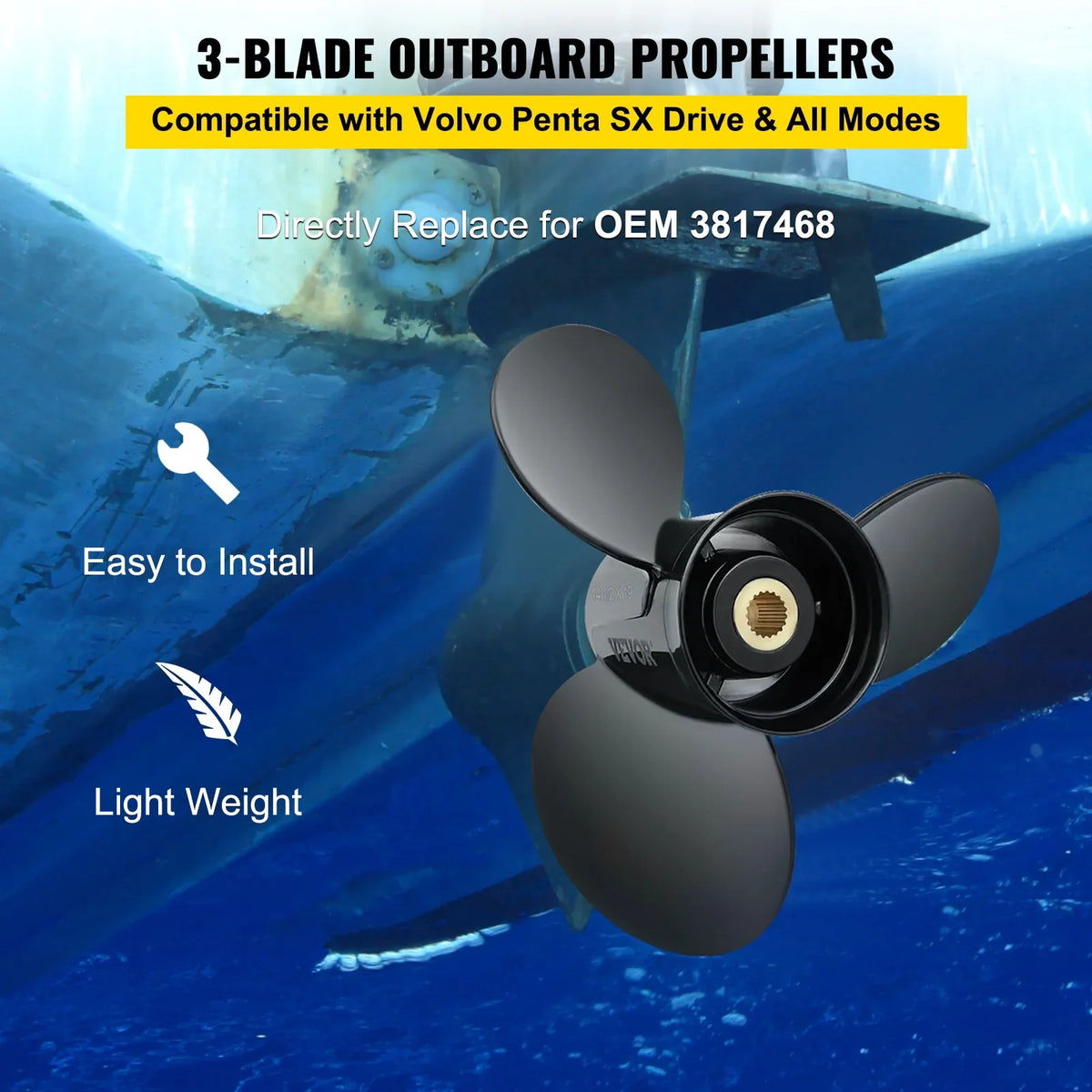 VEVOR Outboard Propeller, 3-Blade 14.5" x 19" craft Propeller, Replace for OEM 3817468, suitable with SX Sterndrives Outboard Volvo Penta Engine, Right-handed Aluminium Propeller & 19 Spline Teeth