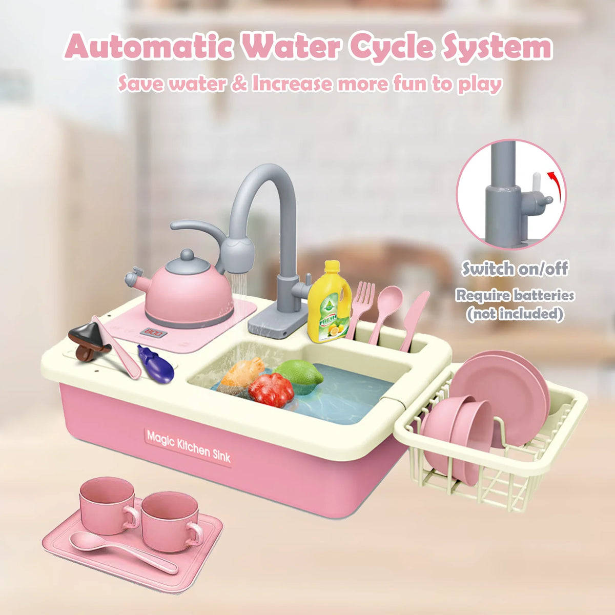 Richgv Pretend Play Kitchen Sink Toys with Running aqua, 23PCS Electric liquid Sink Toy with Play Induction Cooker Play Cutting Food, Kids Kitchen Role Play Toys for Boys Girls