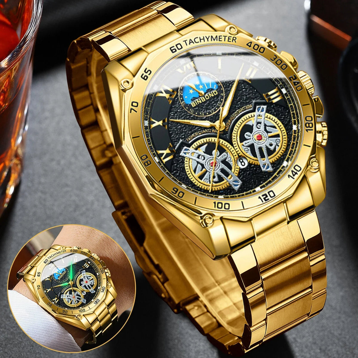 Luxury Gold Waterproof Men's Watch Stainless Steel Quartz Analog Business Gift