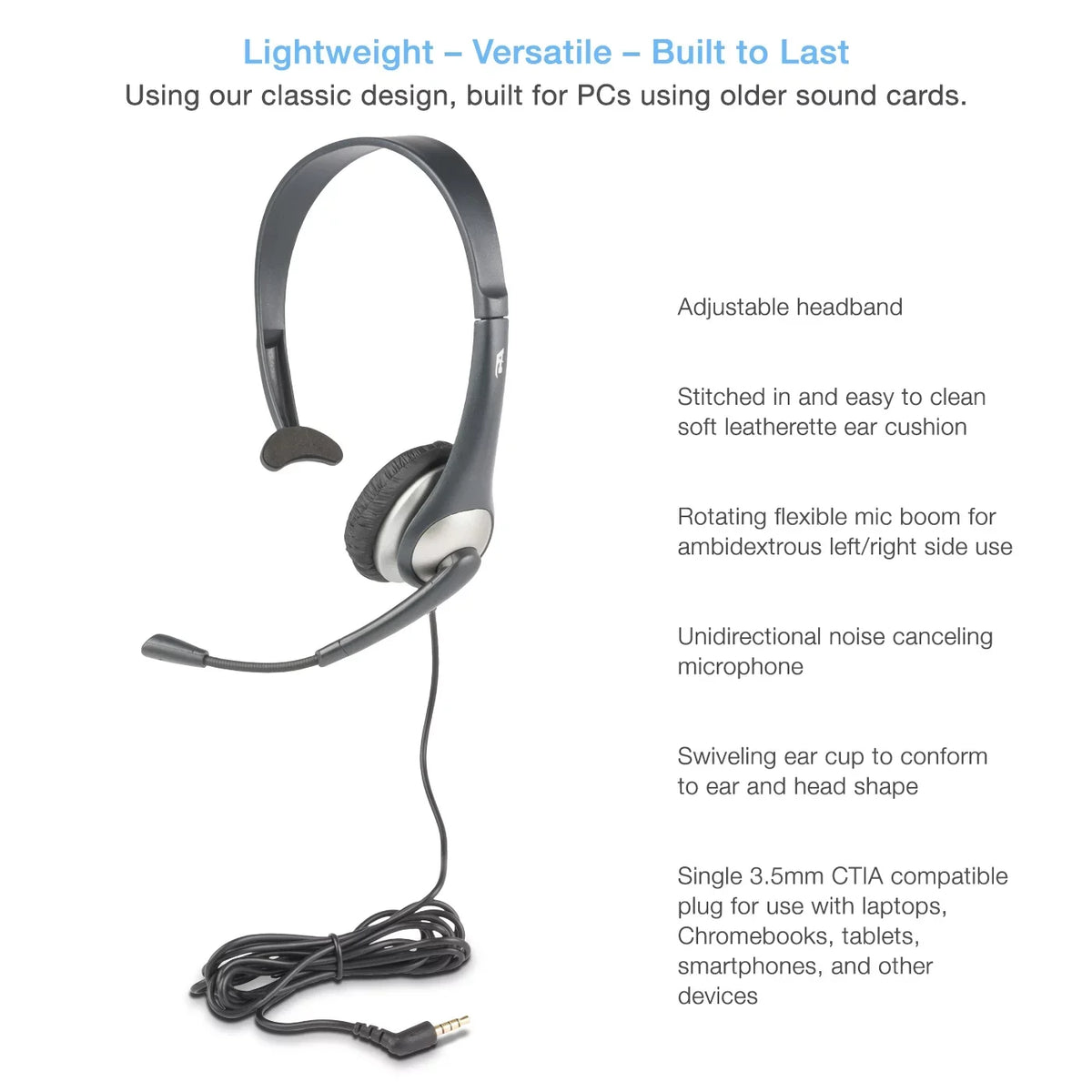 Cyber Acoustics Gray Mono Headset w/ Y-Adapter & Microphone (AC-104) -