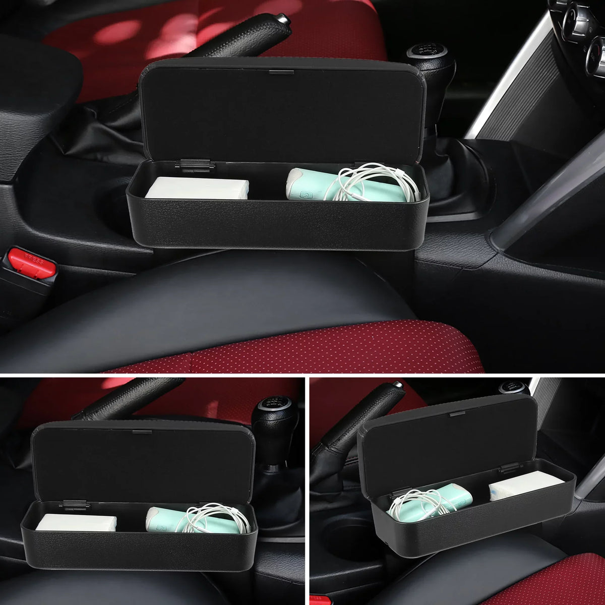 Car Center Armrest Extender Box Seat Gap Adjustable Armrest Storage Organizer Box Armrest Black PU Leather with Red Line