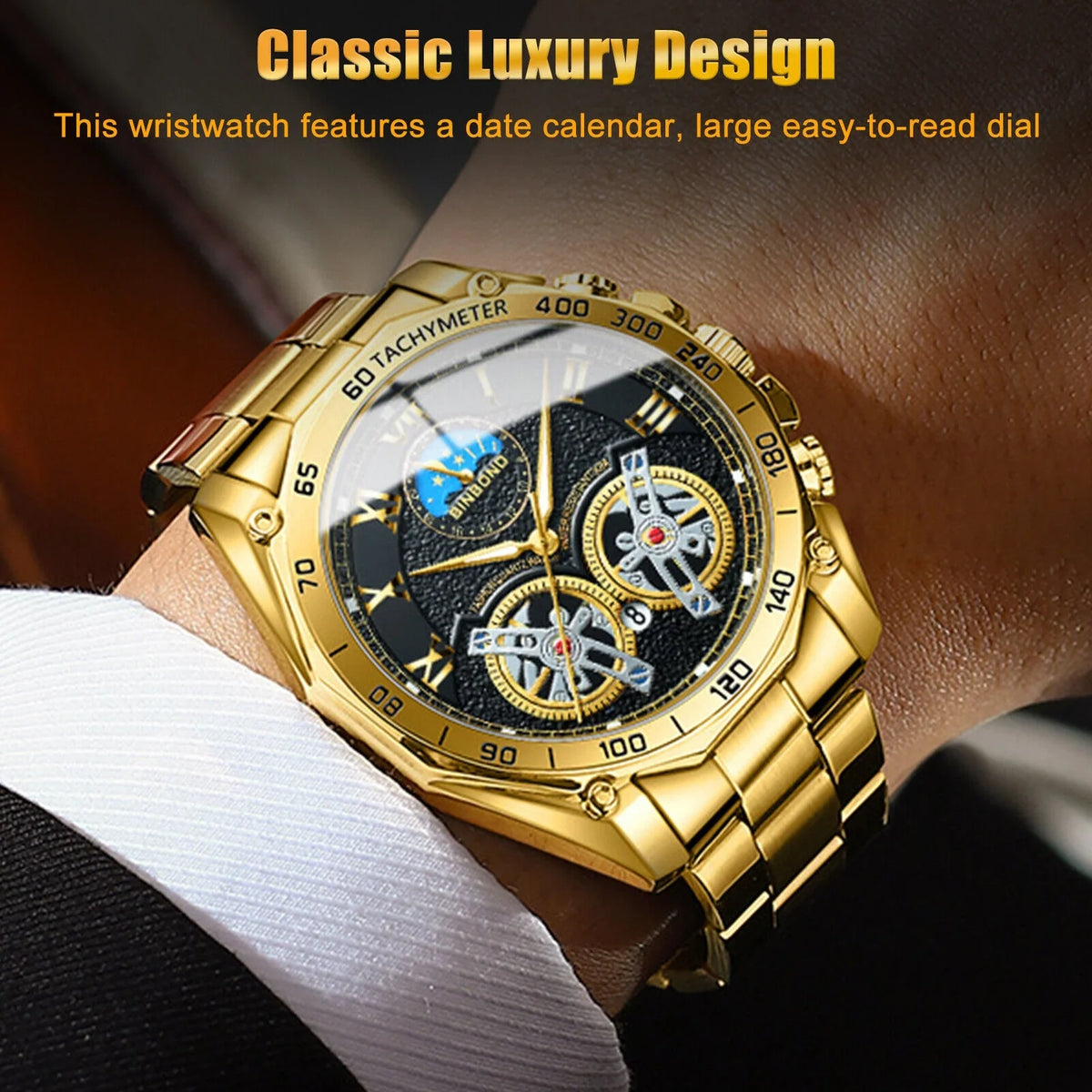 Luxury Gold Waterproof Men's Watch Stainless Steel Quartz Analog Business Gift