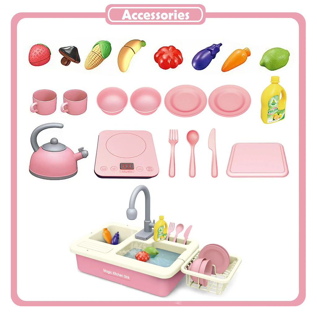 Richgv Pretend Play Kitchen Sink Toys with Running aqua, 23PCS Electric liquid Sink Toy with Play Induction Cooker Play Cutting Food, Kids Kitchen Role Play Toys for Boys Girls