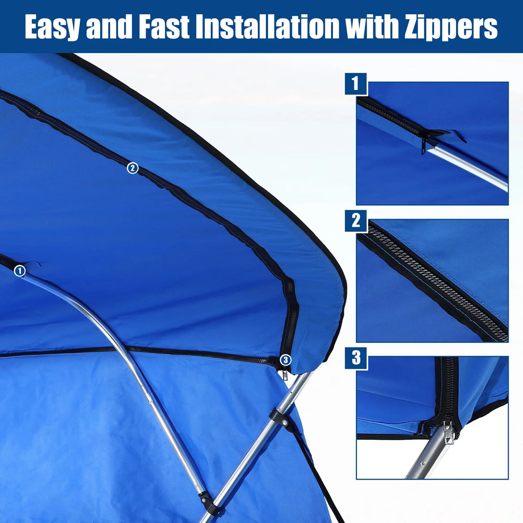 Unique Bargains 600D 4 Bow 8'L x 54"H x 79"-84"W Bimini Top Canvas wrap with Detachable Side Blocks Storage Boot Blue
