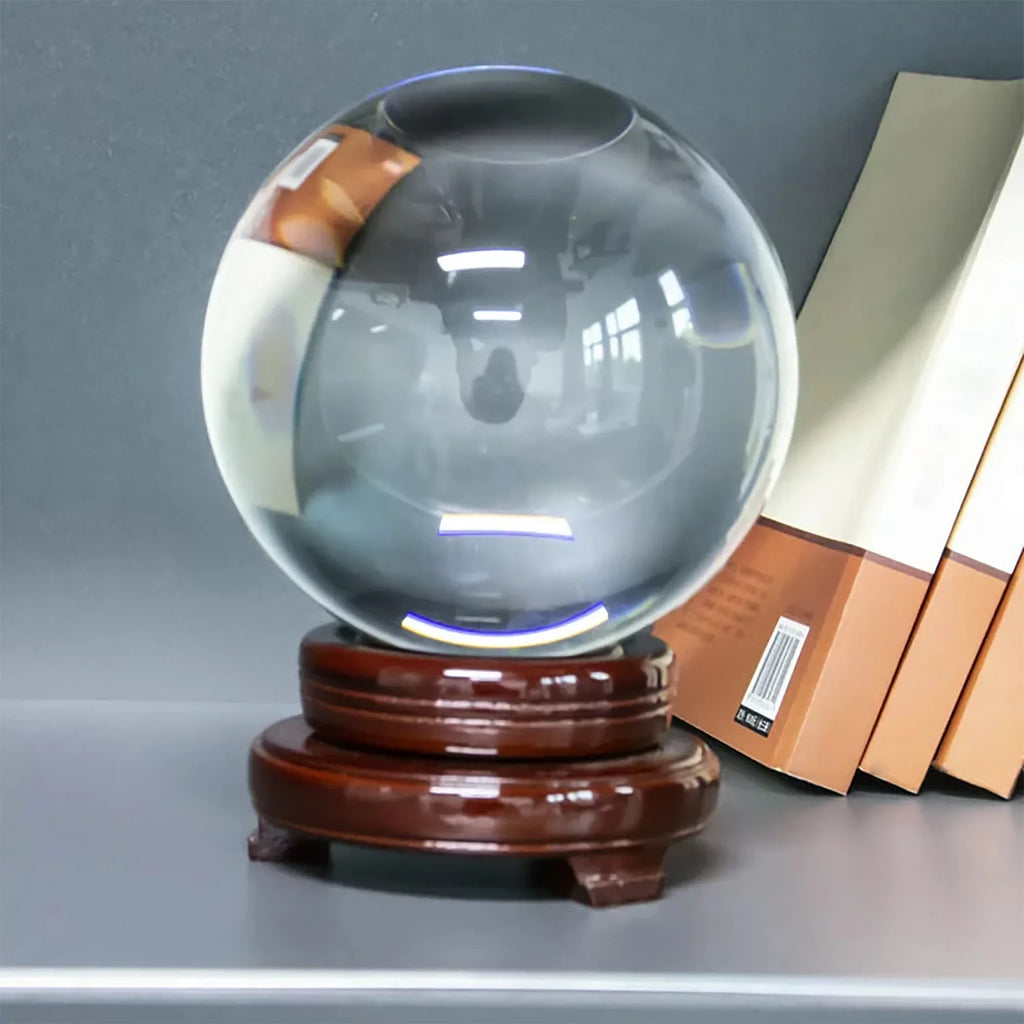 bimiti 5.9" Clear Crystal Glass Ball, 150mm Large Glass Marbles Sphere Magic Witch Ball with Wood Stand for Gift