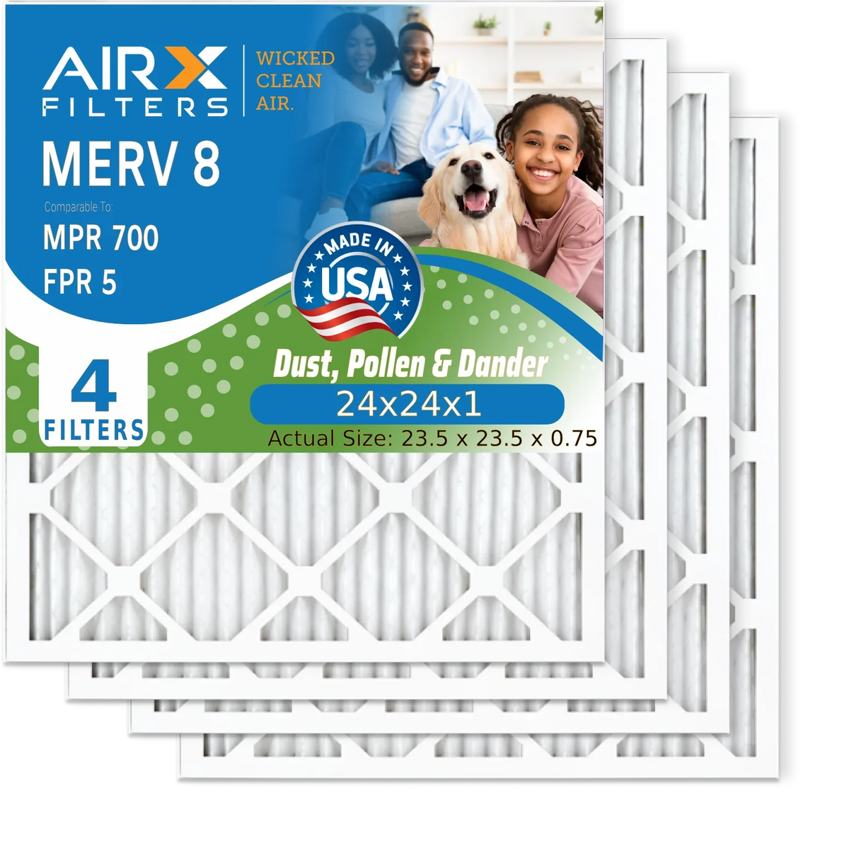 24x24x1 Air Filter MERV 8 Comparable to MPR 700 & FPR 5 Electrostatic Pleated Air Conditioner Filter 4 Pack HVAC AC Premium USA Made 24x24x1 Furnace Filters by AIRX FILTERS WICKED CLEAN AIR.