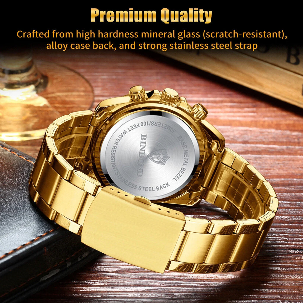 Luxury Gold Waterproof Men's Watch Stainless Steel Quartz Analog Business Gift