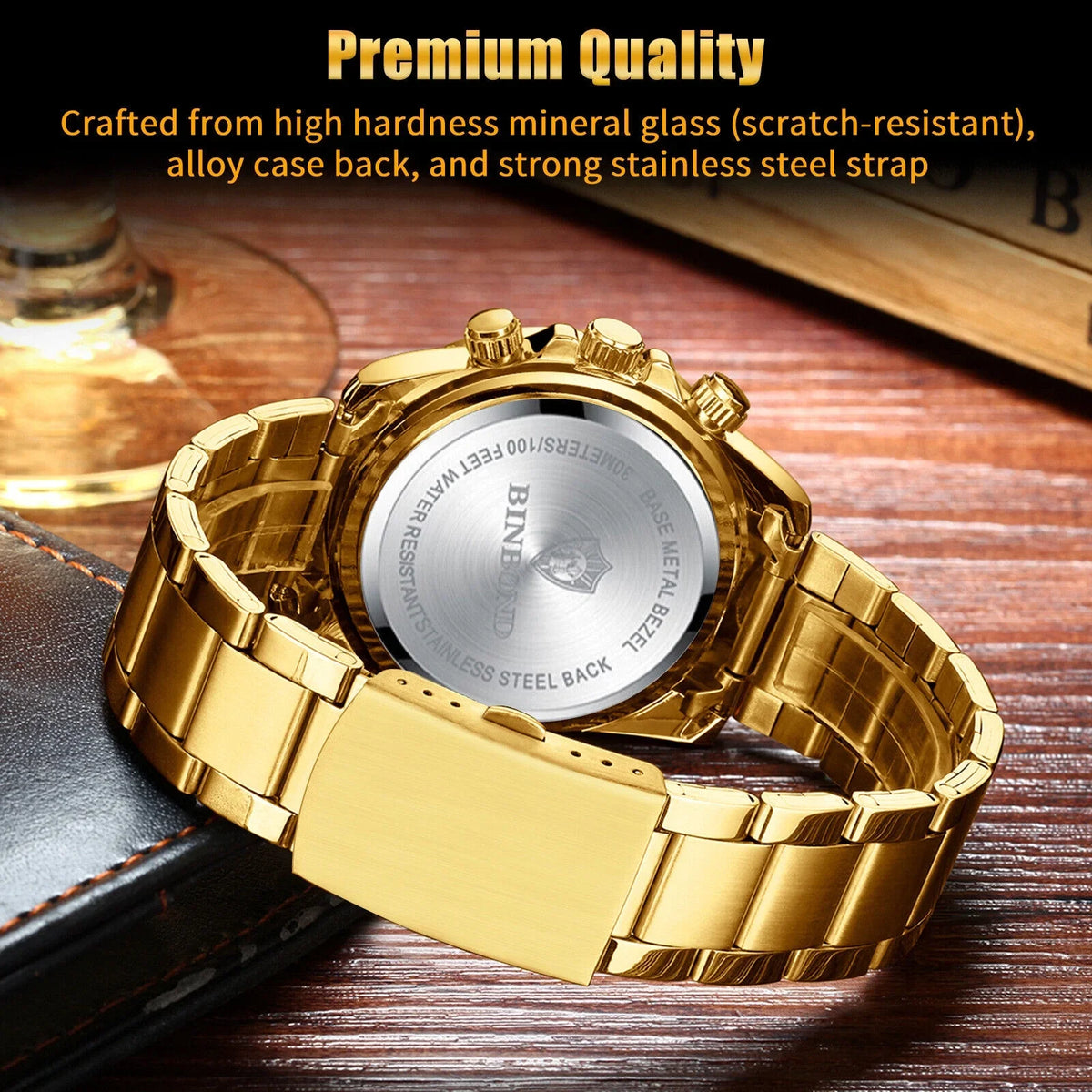 Luxury Gold Waterproof Men's Watch Stainless Steel Quartz Analog Business Gift