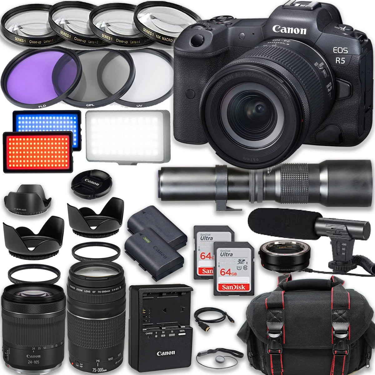 EOS R5 Full Frame Mirrorless Camera with RF 24-105mm STM & 75-300mm III + 500mm f/8 Focus Lenses, Accessories: 2X 64GB Memory Cards, LED Video Light, Microphone, Extra Battery, Case & More