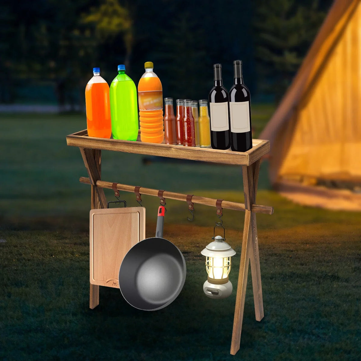 Miumaeov Wooden Portable Picnic Rack Outdoor Grill Rack Storage Table Shelf for Picnic, Camping, BBQ