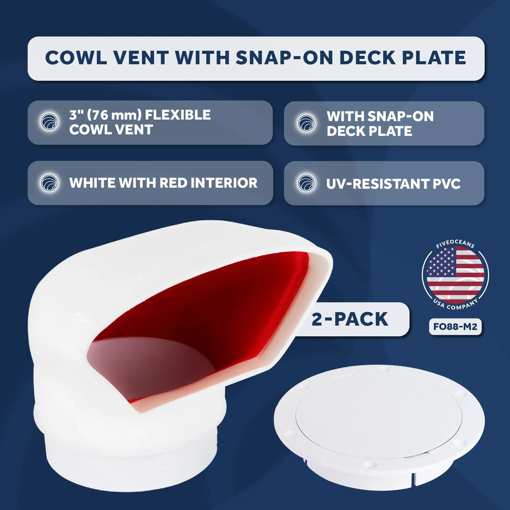 Five Oceans  3-Inch Cowl Vent with Snap-On Deck Plate and protector, 2 Pack Low Profile UV-impervious and Flexible PVC, Red Interior, for Air Intake or Cabin Ventilation - FO88-M2