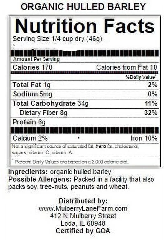 Hulled Barley Five Pounds (5 lbs) USDA Certified Organic Non-GMO, Bulk by Mulberry Lane Farms