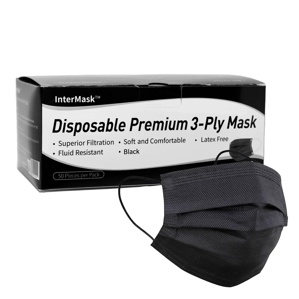 InterMask Disposable Premium 3-Ply ASTM Level 3 Mask, Black, Case of 2000