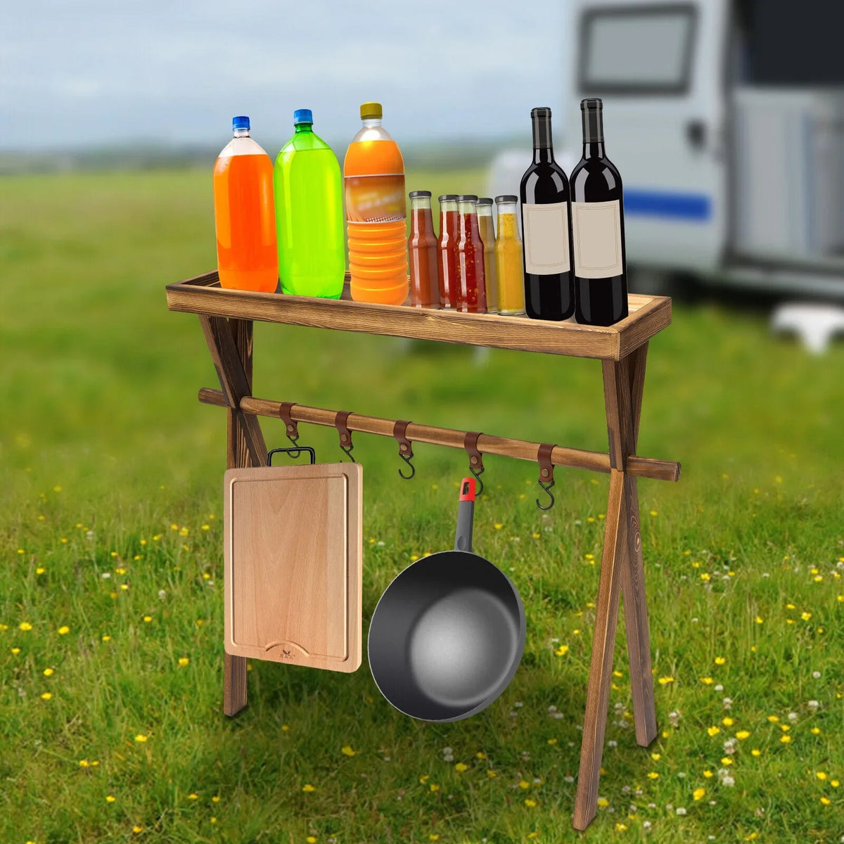 Miumaeov Wooden Portable Picnic Rack Outdoor Grill Rack Storage Table Shelf for Picnic, Camping, BBQ