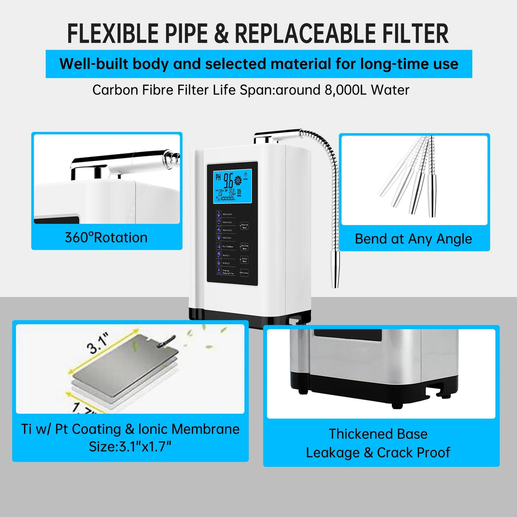 Alka aqua Ionizer, moisture Purifier Machine PH 3.5-10.5 Alkaline Acid liquid Machine, up to -500mV ORP, 8000 Liters per filter,7 liquid Settings, Auto-cleaning,Intelligent Voice White)