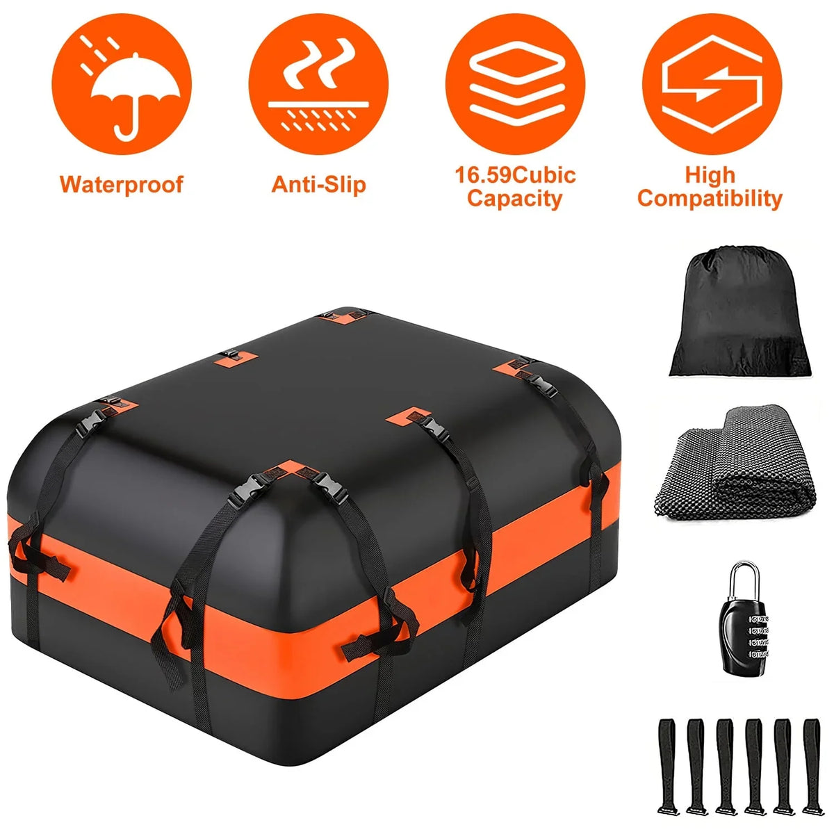 iMounTEK Car Rooftop Cargo Carrier Bag Large Travel Storage Bag 16 Cubic feet Waterproof Suv Luggage Storage Carriers Anti-Slip Mat Suit for All Vehicle, Black