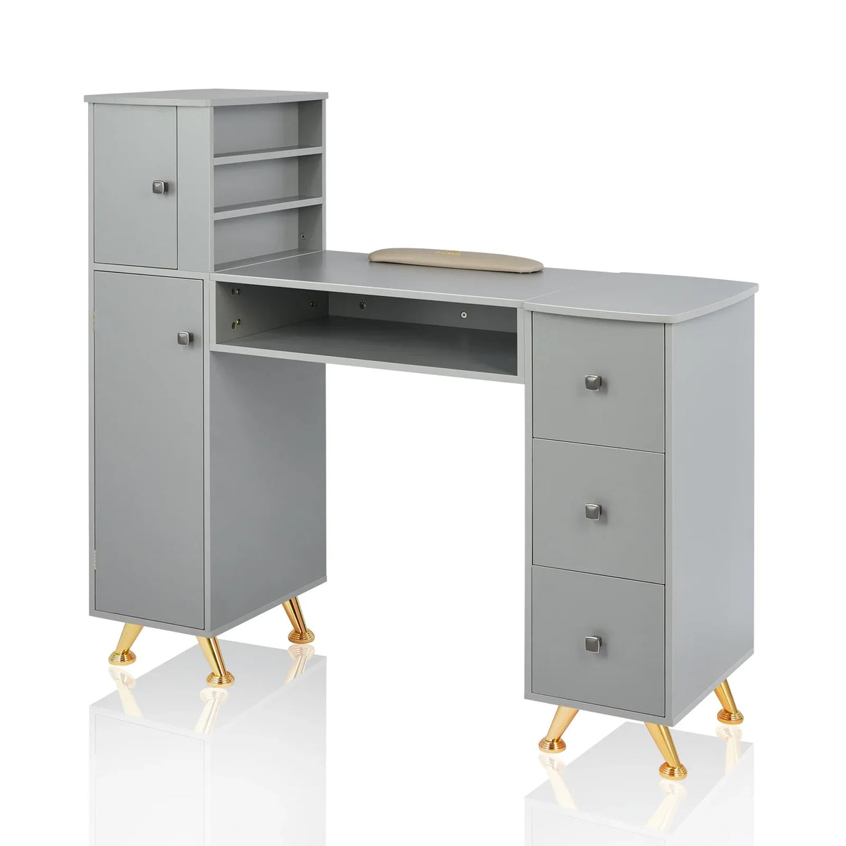 LUXMARS Manicure Table Nail Desk for Technician w/Wrist Rest & Plastic Table Mat, Acetone impervious Nail Table Station w/Large Capacity Storage Space, for Home Spa Beauty Salon - Grey