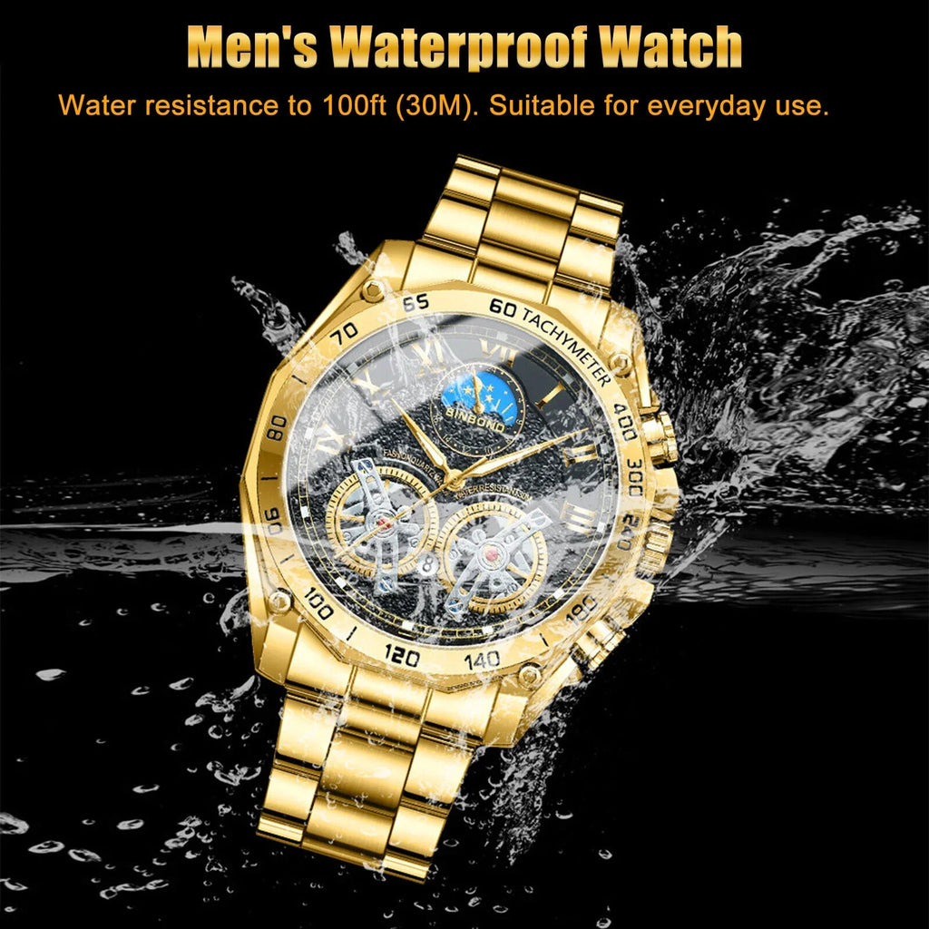 Luxury Gold Waterproof Men's Watch Stainless Steel Quartz Analog Business Gift
