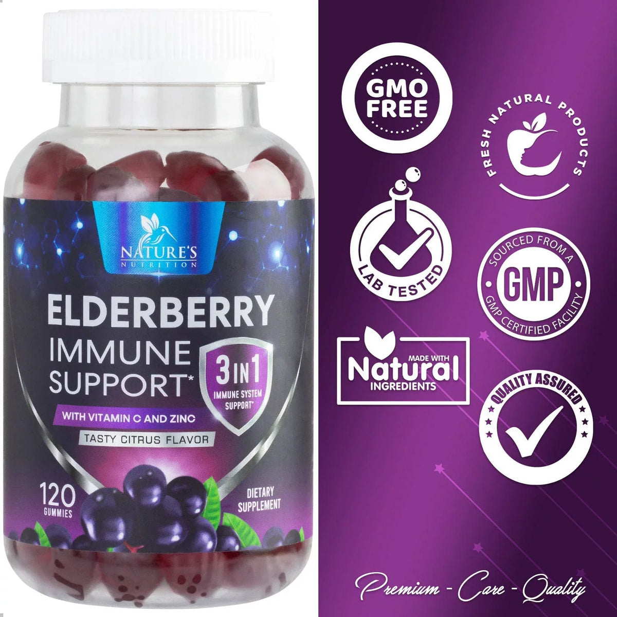 Nature's Sambucus Elderberry Gummies Immune Gummies with Vitamin C and Zinc, Immune Support Gummy Vitamin Supplement, Black Elderberry for Adults & Kids - Gluten Free Non-GMO - 120 Gummies