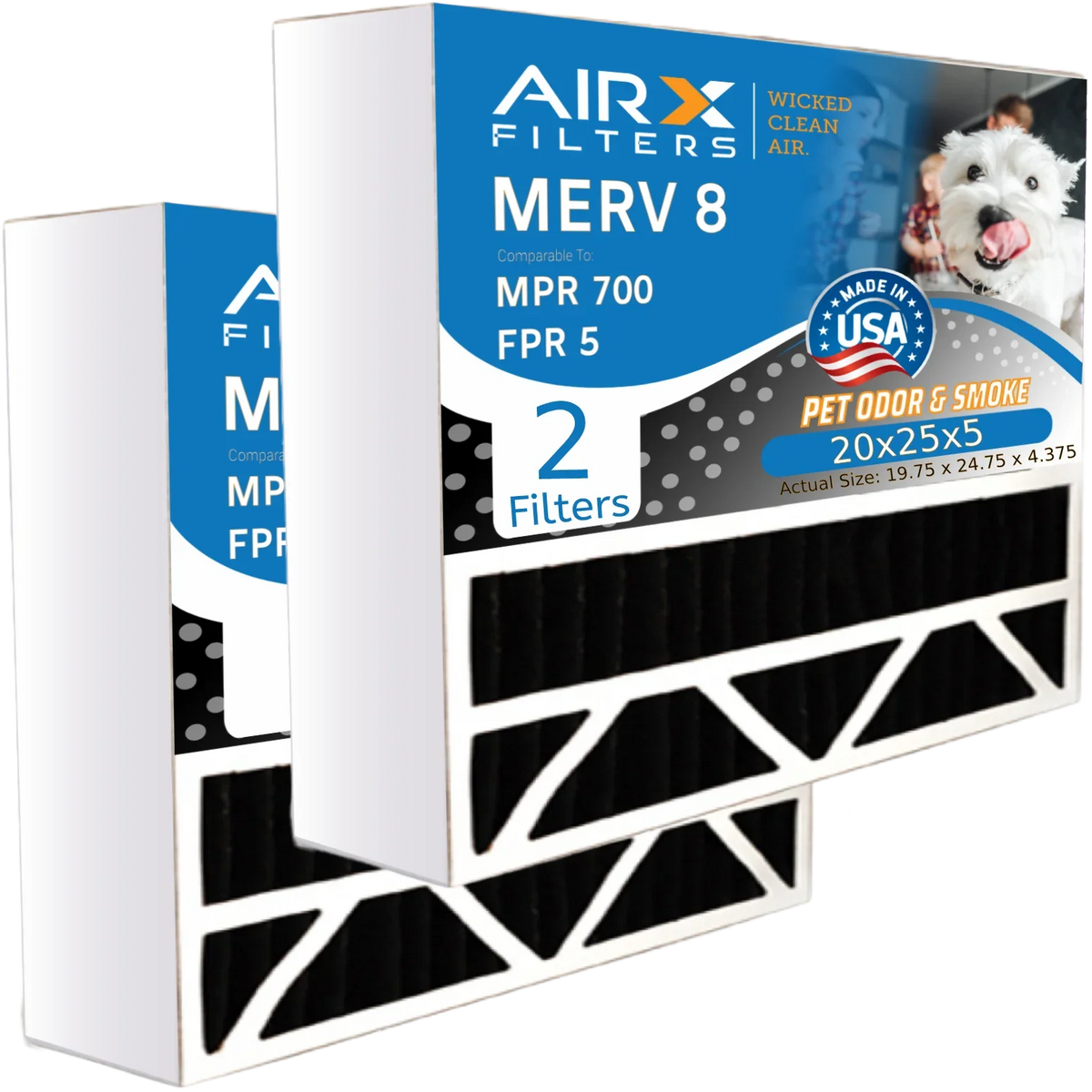 20x25x5 Air Filter Odor Eliminator Carbon Filter MERV 8 Comparable to MPR 700 & FPR 5 matching with Bryant Carrier FILXXCAR0020 2 Pack by AIRX FILTERS WICKED CLEAN AIR.