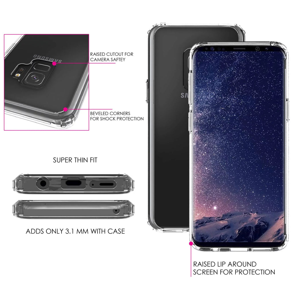 DistinctInk Clear Shockproof Hybrid Case for  Galaxy S9 (5.8" Screen) - TPU Bumper Acrylic Back Tempered Glass Screen Protector - Pink Ribbon Cancer - Faith Over Fear