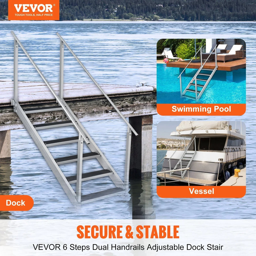 Adjustable Height. Vevor  500 lbs Load Aluminum Alloy 6-Steps Pontoon craft Dock Ladder with 43 to 51 in