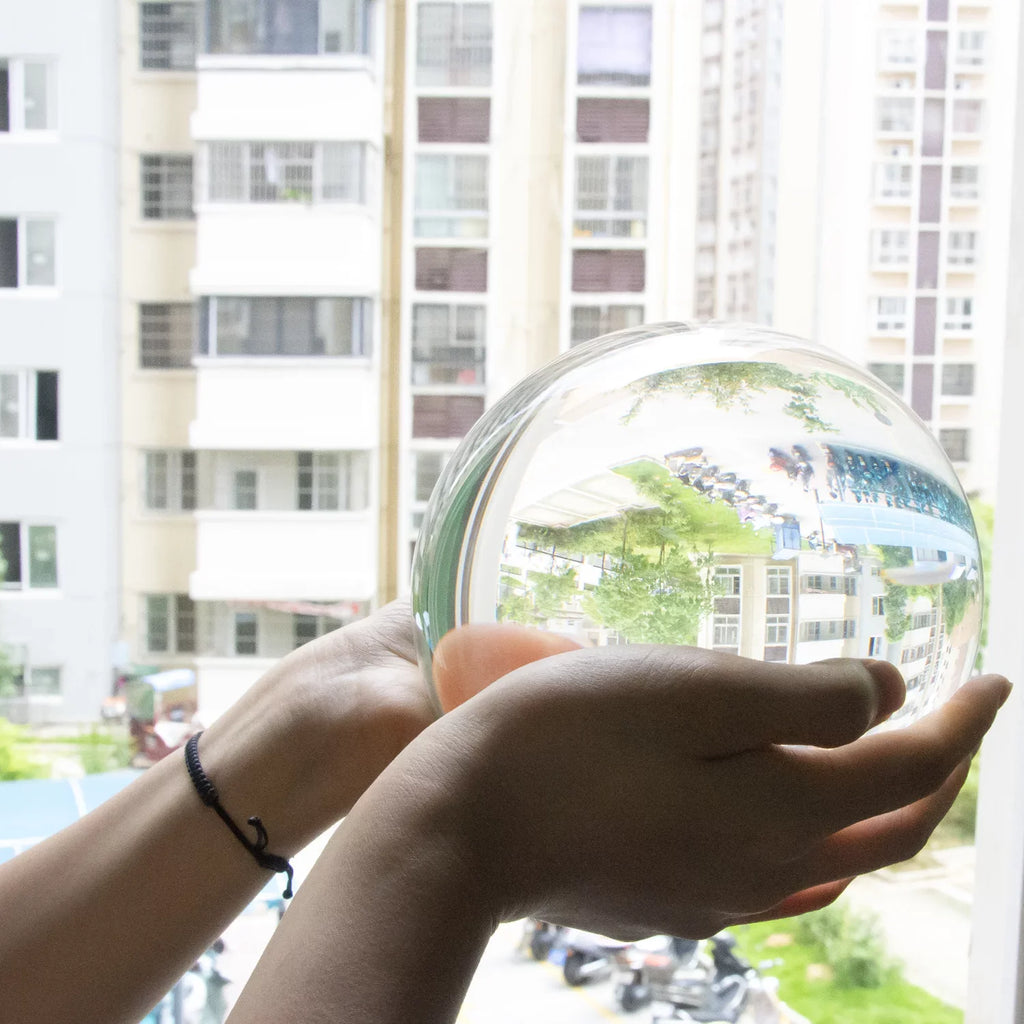 bimiti 5.9" Clear Crystal Glass Ball, 150mm Large Glass Marbles Sphere Magic Witch Ball with Wood Stand for Gift