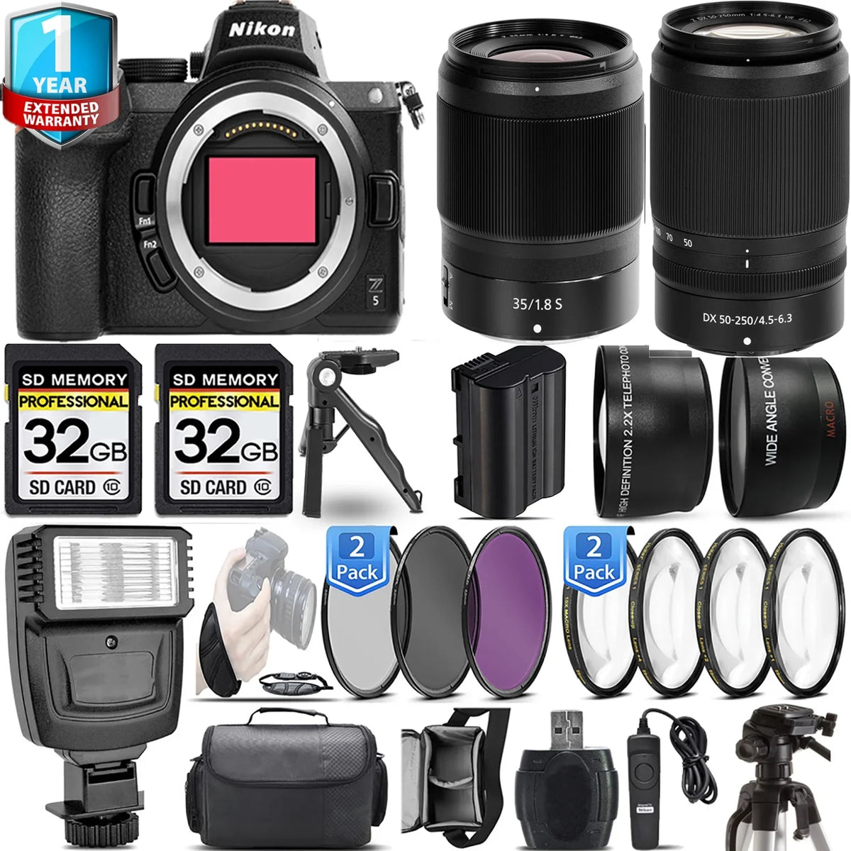 Z5 Mirrorless Camera with 50-250mm f/4.5-6.3 VR Lens + 35mm f/1.8 S Lens + 4 PC Macro Set + 3 PC Filter Set + 64GB + Flash + Handbag