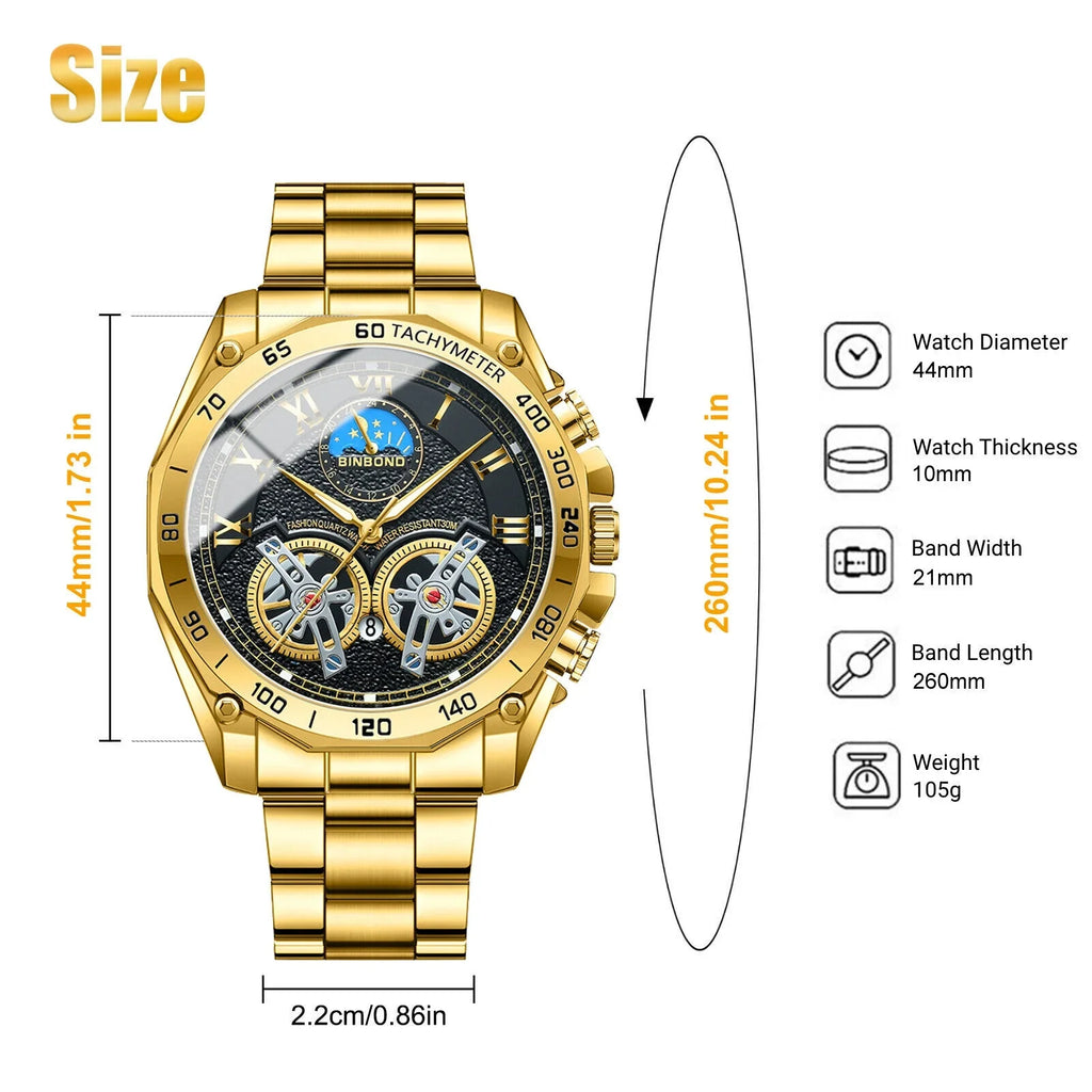 Luxury Gold Waterproof Men's Watch Stainless Steel Quartz Analog Business Gift