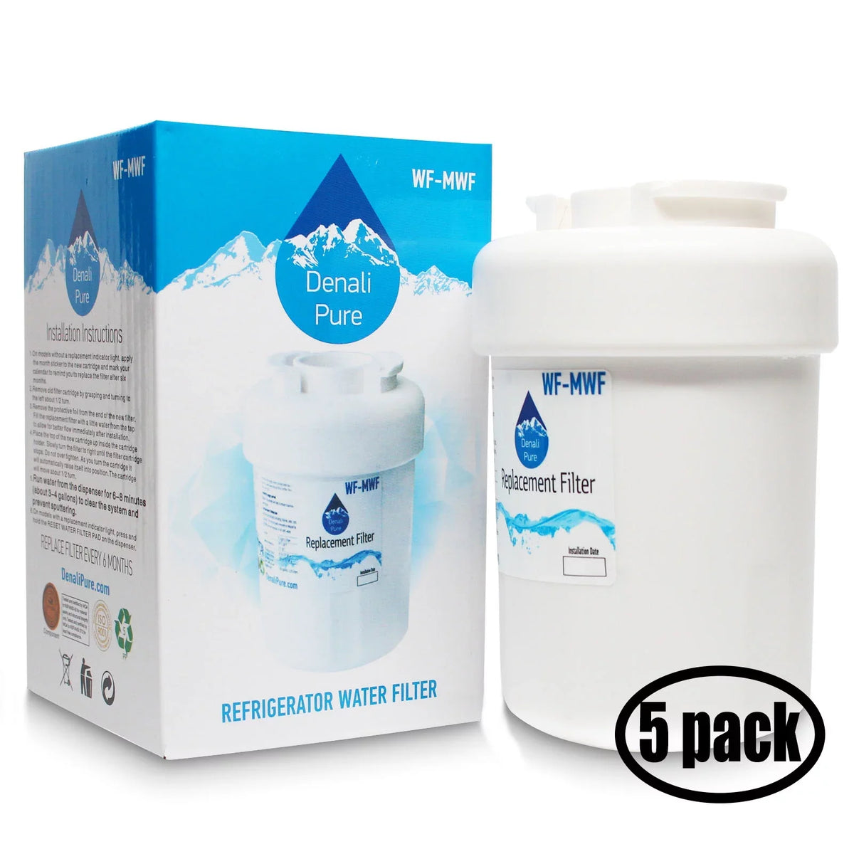5-Pack Replacement for General Electric CFCP1NIZBSS Refrigerator liquid Filter - matching with General Electric MWF, MWFP Fridge aqua Filter Cartridge - Denali Pure Brand