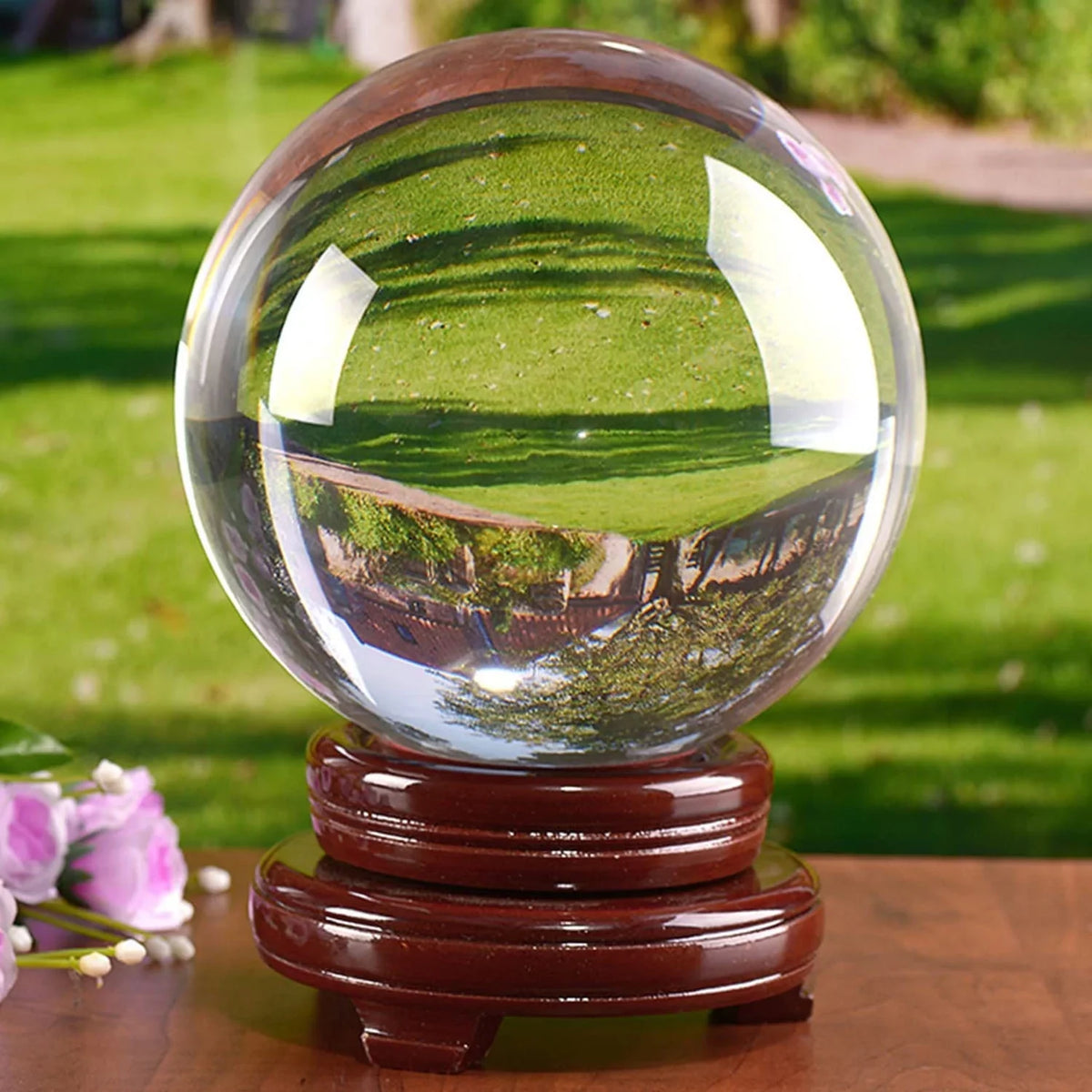 bimiti 5.9" Clear Crystal Glass Ball, 150mm Large Glass Marbles Sphere Magic Witch Ball with Wood Stand for Gift