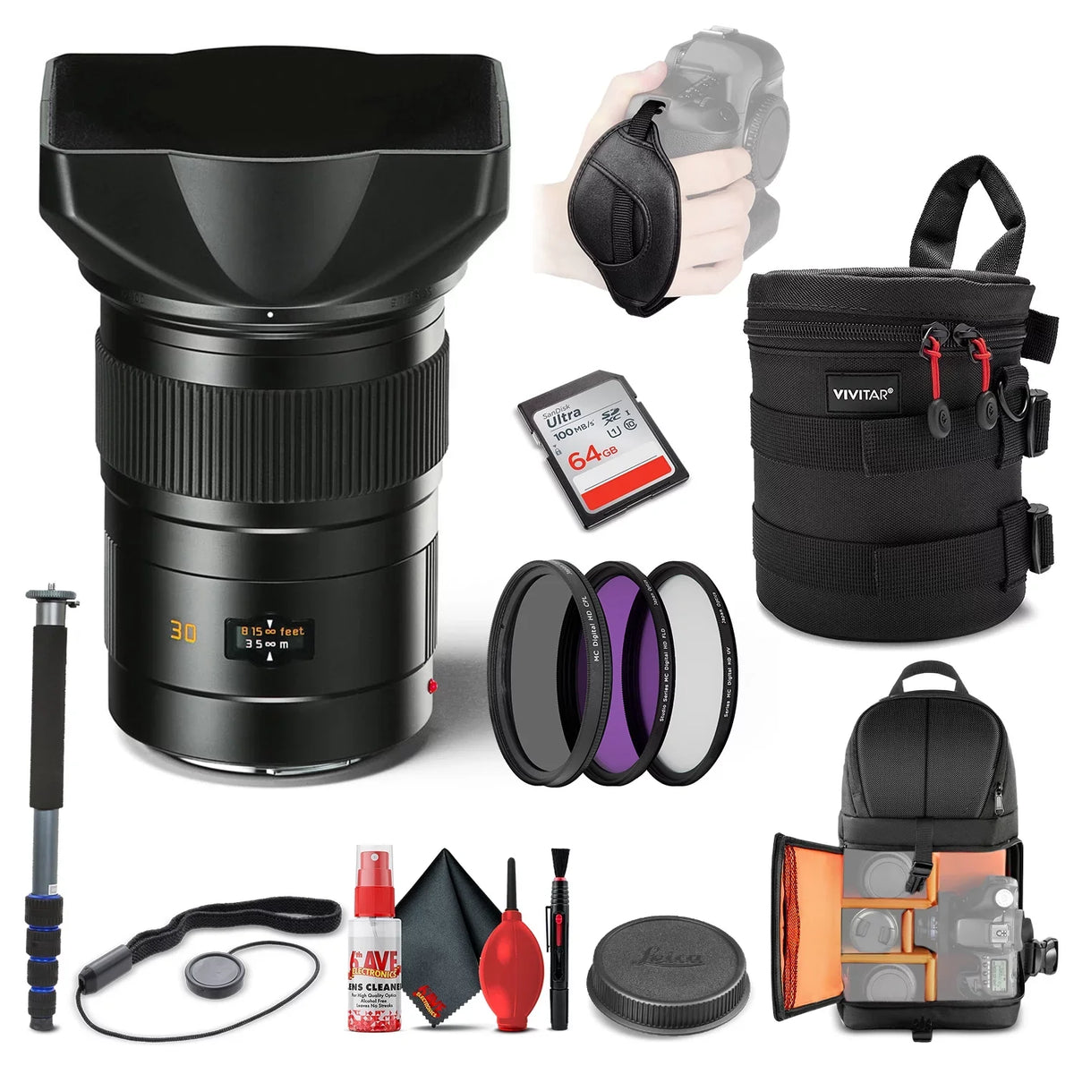 Leica Elmarit-S 30mm f/2.8 ASPH Lens (11073) + 64GB Memory Card + Padded Lens Case + Filter Kit + BackPack + Full Size Monopod +  Cleaning Set + Cap Keeper + Hand Strap