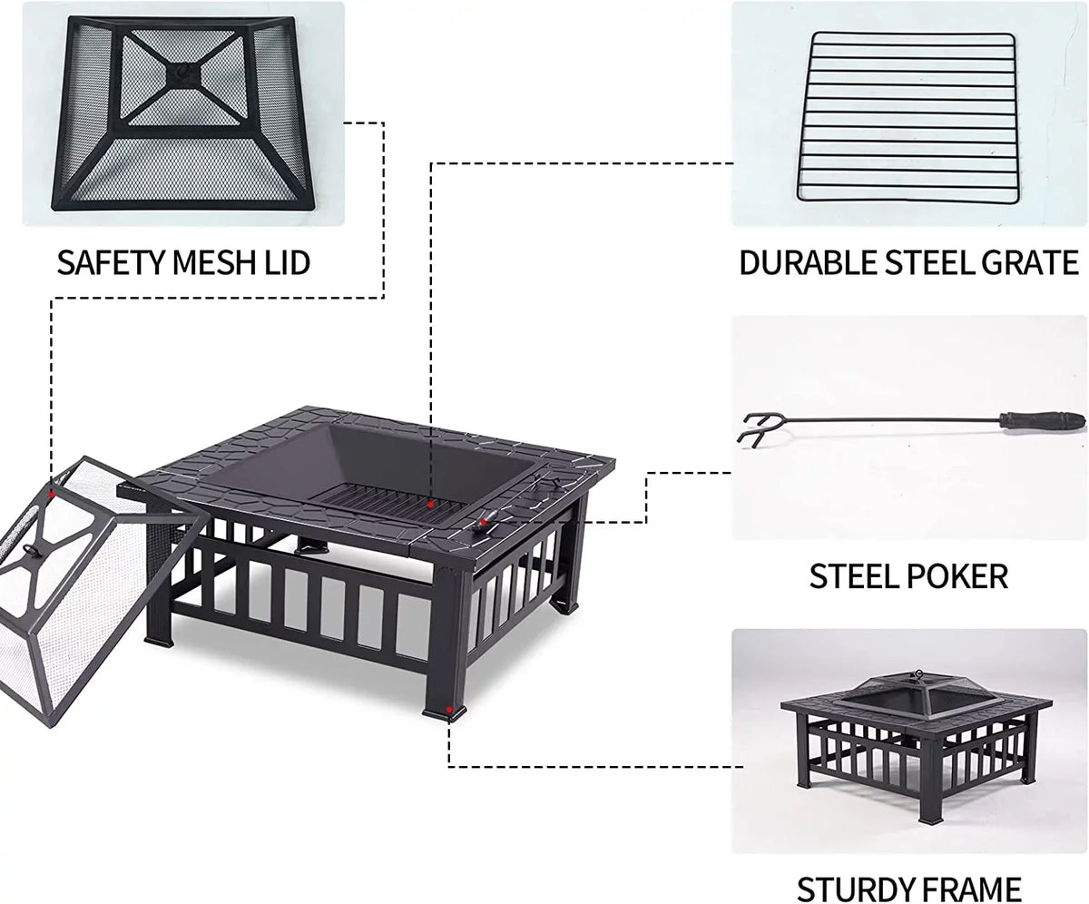 Grand Patio 32" Outdoor Fire Pit, Bonfire Wood Burning Fire Pit for Outside, Square Backyard Patio Firepit Table with Spark Screen protector Safe Mesh Lid & Poker for Warmth, BBQ or Cooler