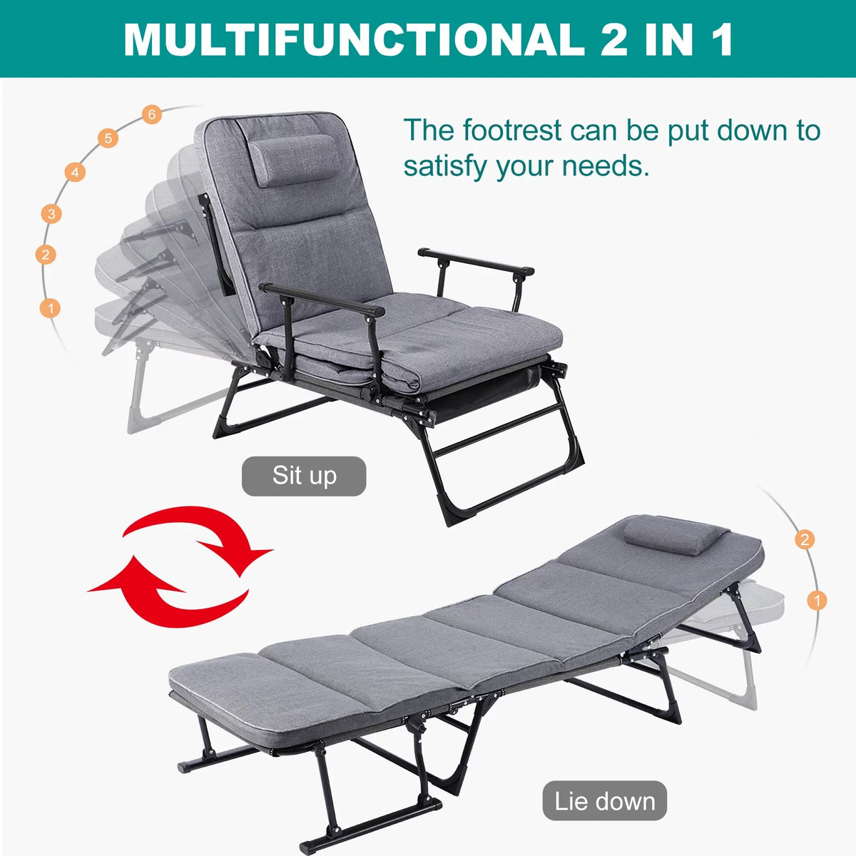 Lilypelle Outdoor Lounge Chair,Folding Bed Cot 6 Levels Adjustable Reclining Deck Chair,71 x 23.6 x 13 inch
