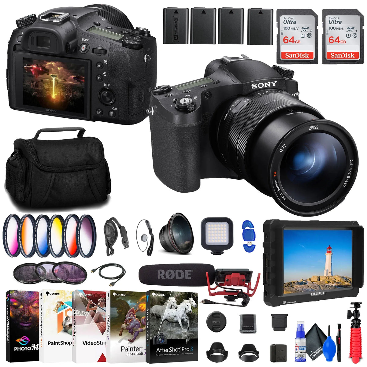 Cyber-shot DSC-RX10 IV Digital Camera + 4K Monitor + Rode VideoMic + More