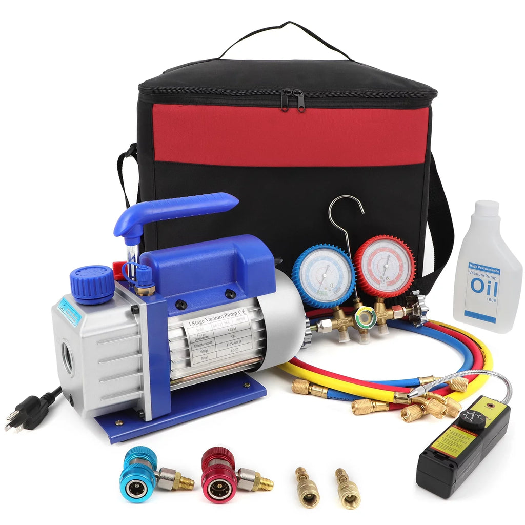 Complete Refrigerant Repair Tool Kit,1/3  4CFM HVAC Vacuum Pump,R134a AC Manifold Gauge Set With Hoses and Quick Couplers,Leak Detector For Air Conditioner